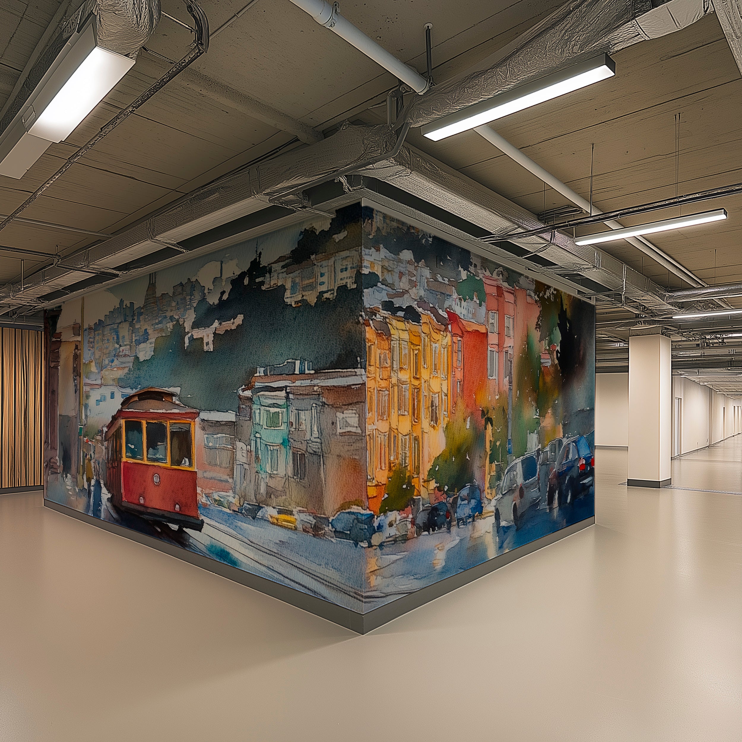 San Francisco Iconic View Mural, Peel and Stick City Landscape Wallpaper, Watercolor Colorful Tram in San Francisco Decor