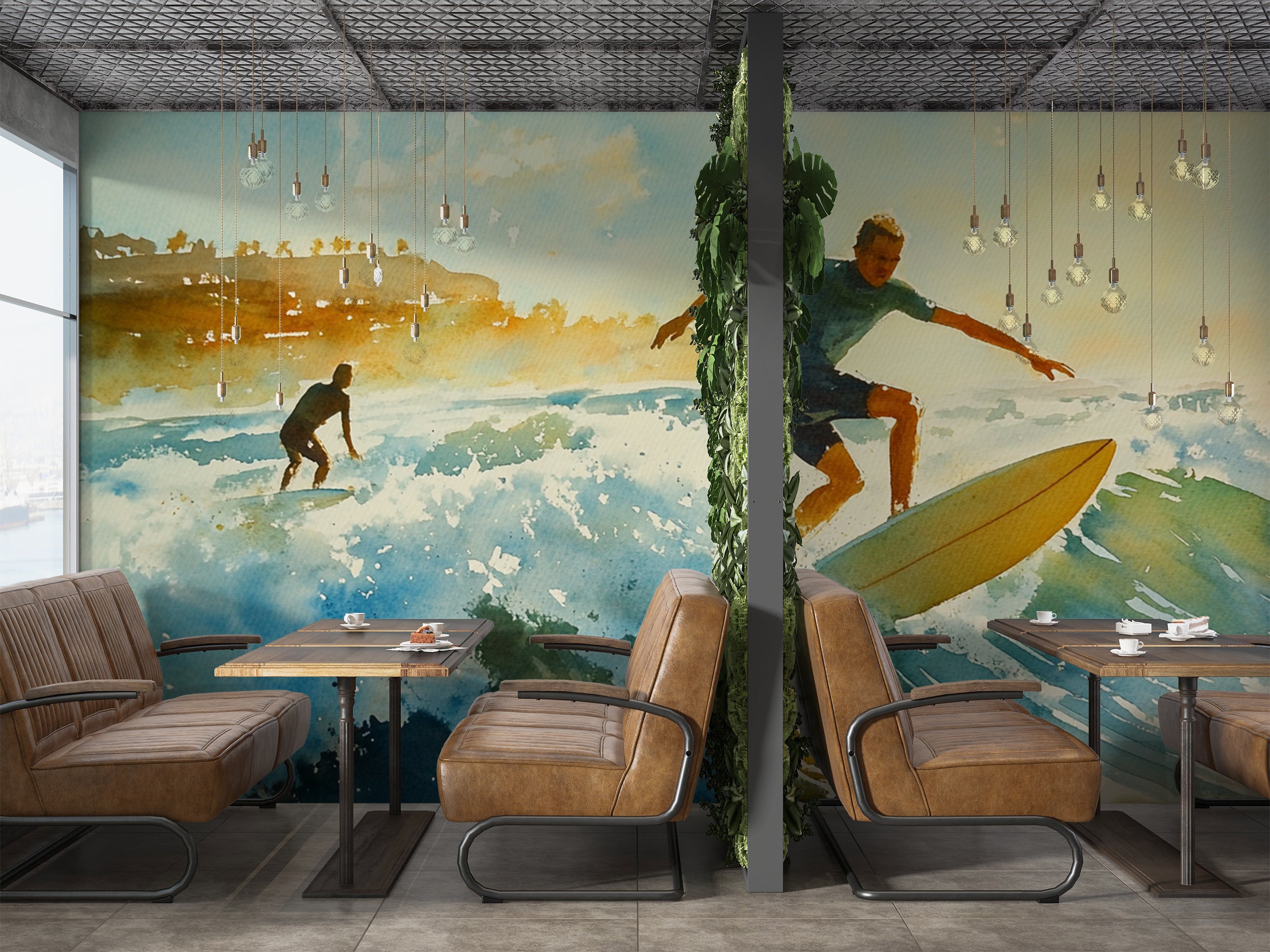 Surfers Wall Mural, Peel and Stick California Ocean Waves Wallpaper, Watercolor Surfers Coastal Art, Nautical Wallpaper