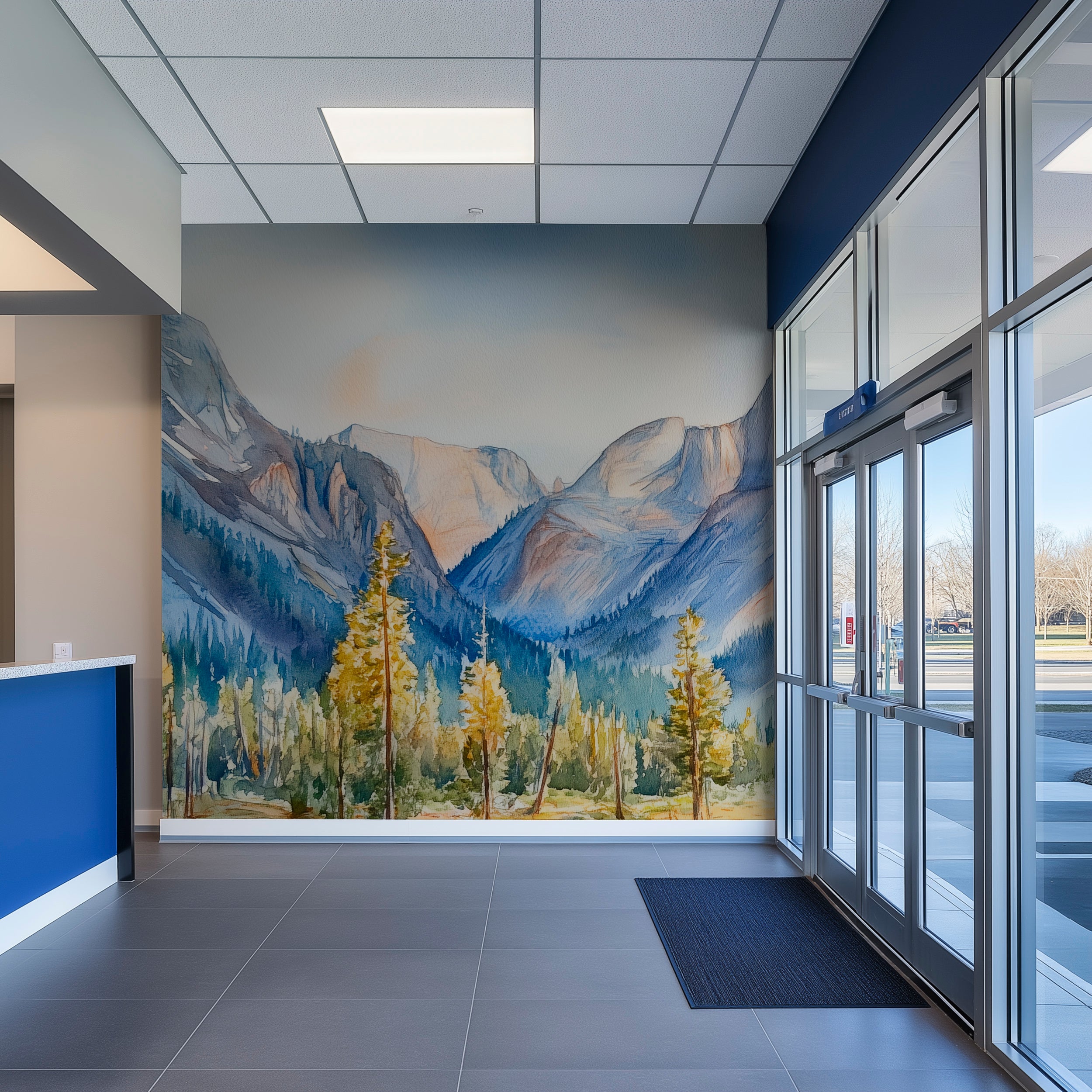 Yosemite Park Wall Mural, Peel and Stick California Rock Mountains Wallpaper, Watercolor National Part Pine Forest Decor