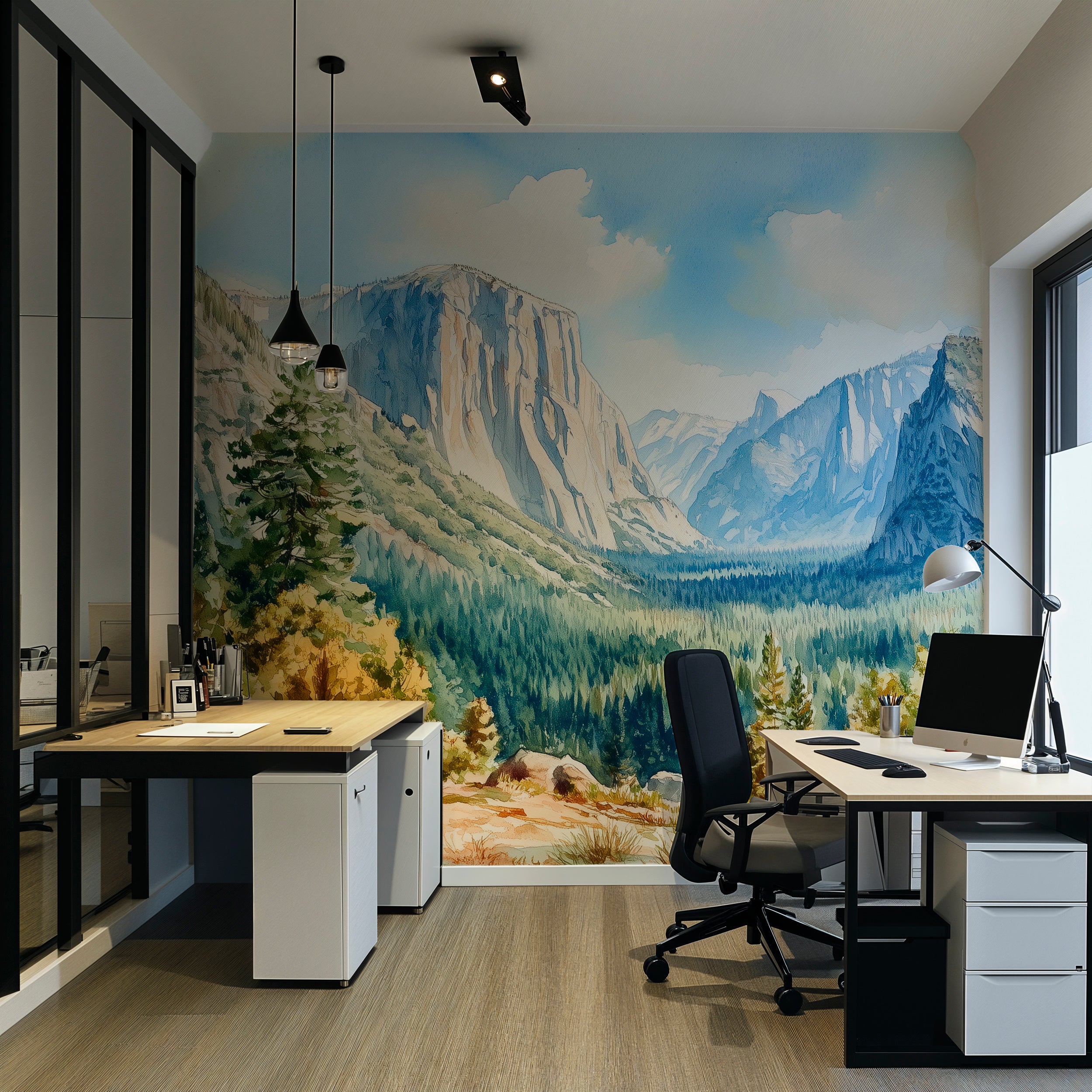 Watercolor Mountain Valley Mural, Peel and Stick National Park Wallpaper, Removable Yosemite Park Scenic Wall Decor
