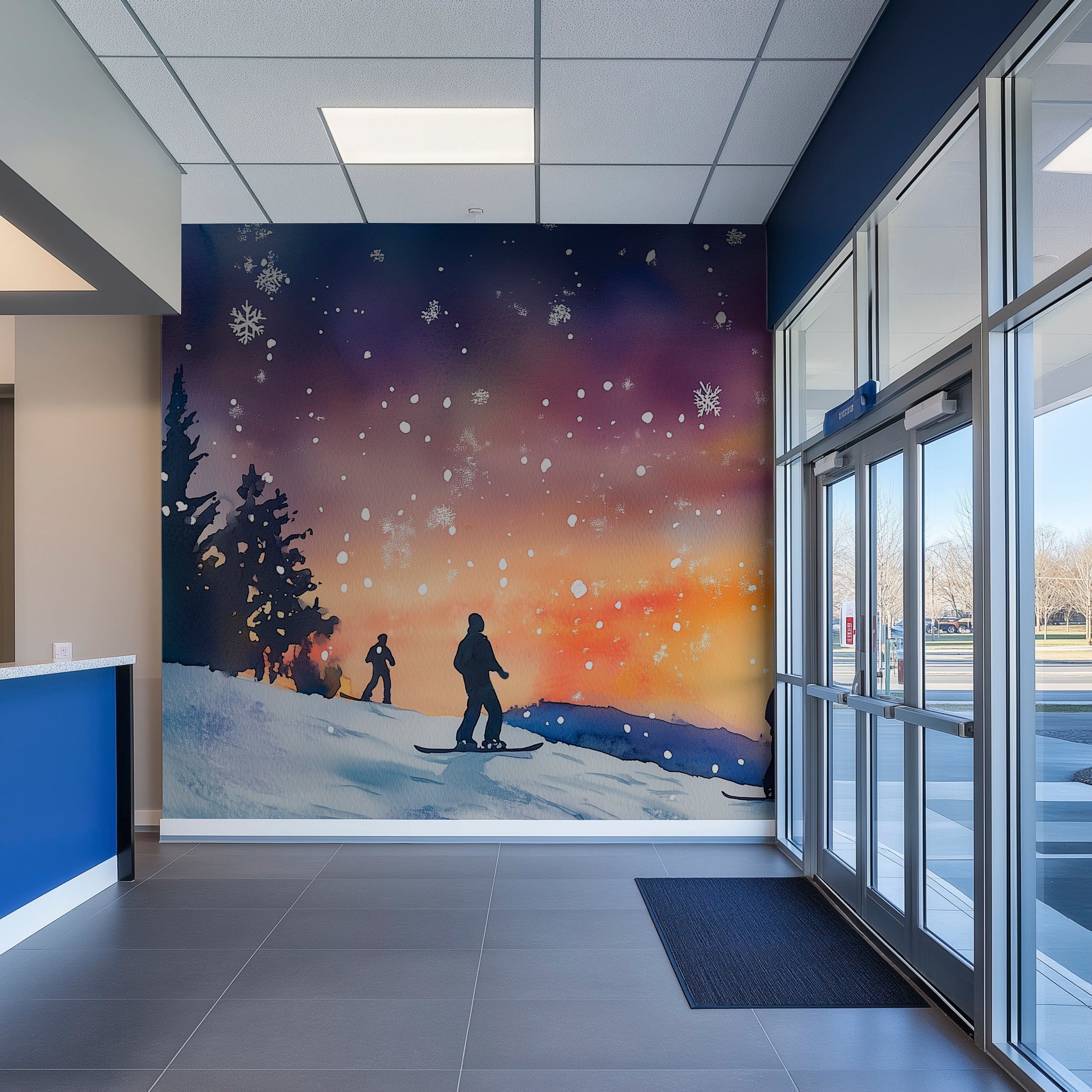 Snowboarders on the Slope Mural, Peel and Stick Snowy Night Wallpaper, Colorado Winter Mountain Slopes Dark Decor