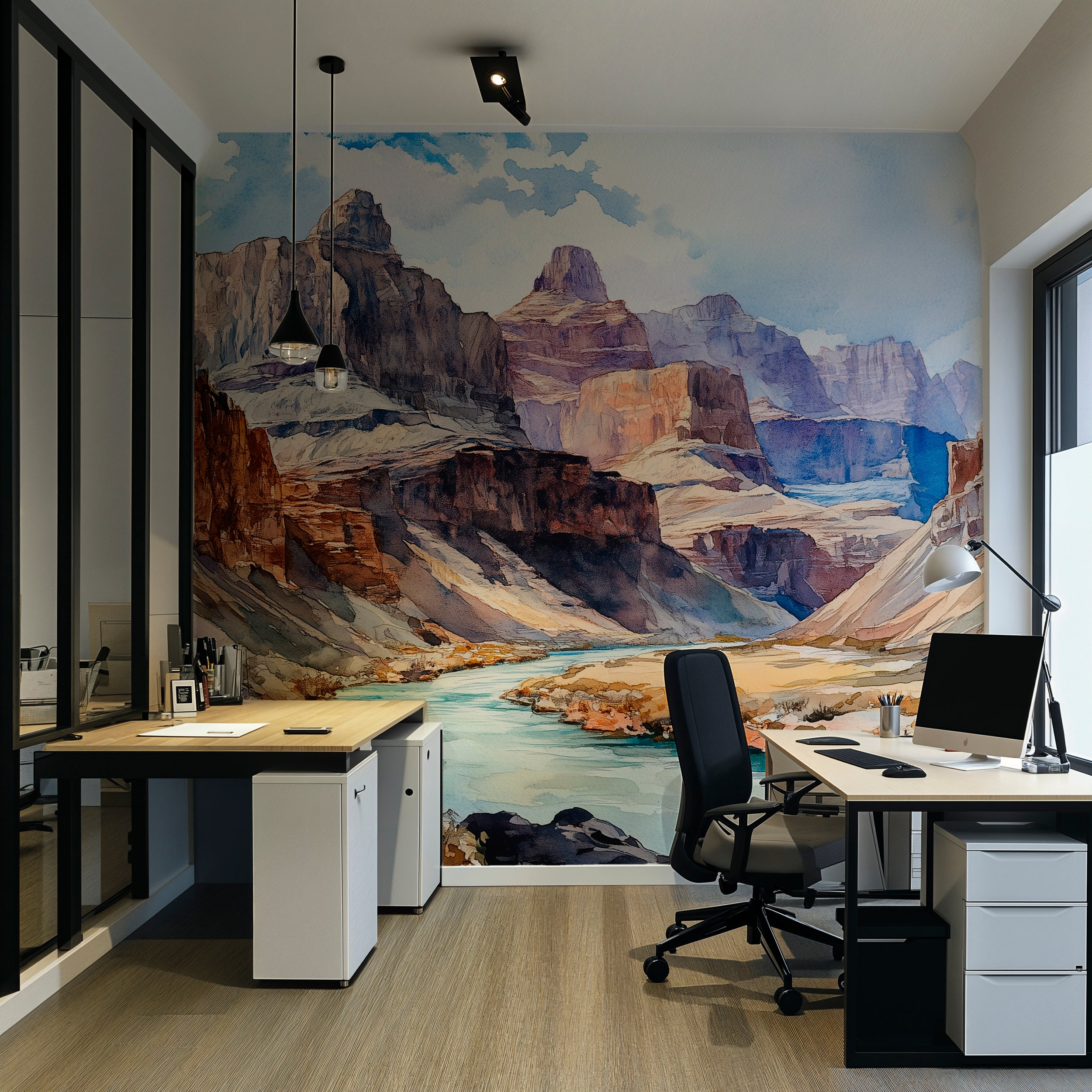 Colorado Canyon River Wall Mural, Peel and Stick Watercolor Canyon Wallpaper, Removable Wild River Accent Wall Art