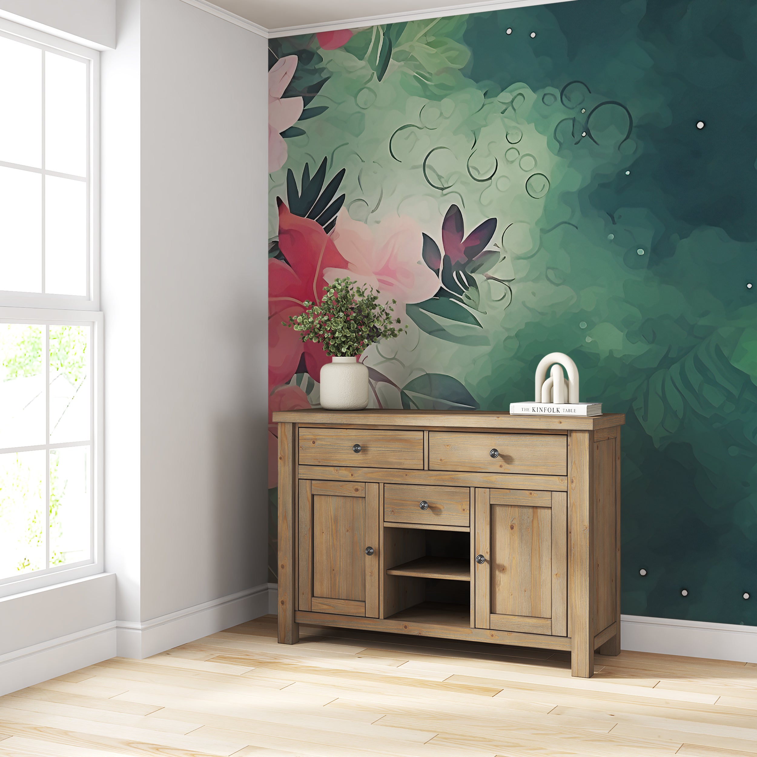 Tranquil Green and Pink Flower Wall Covering