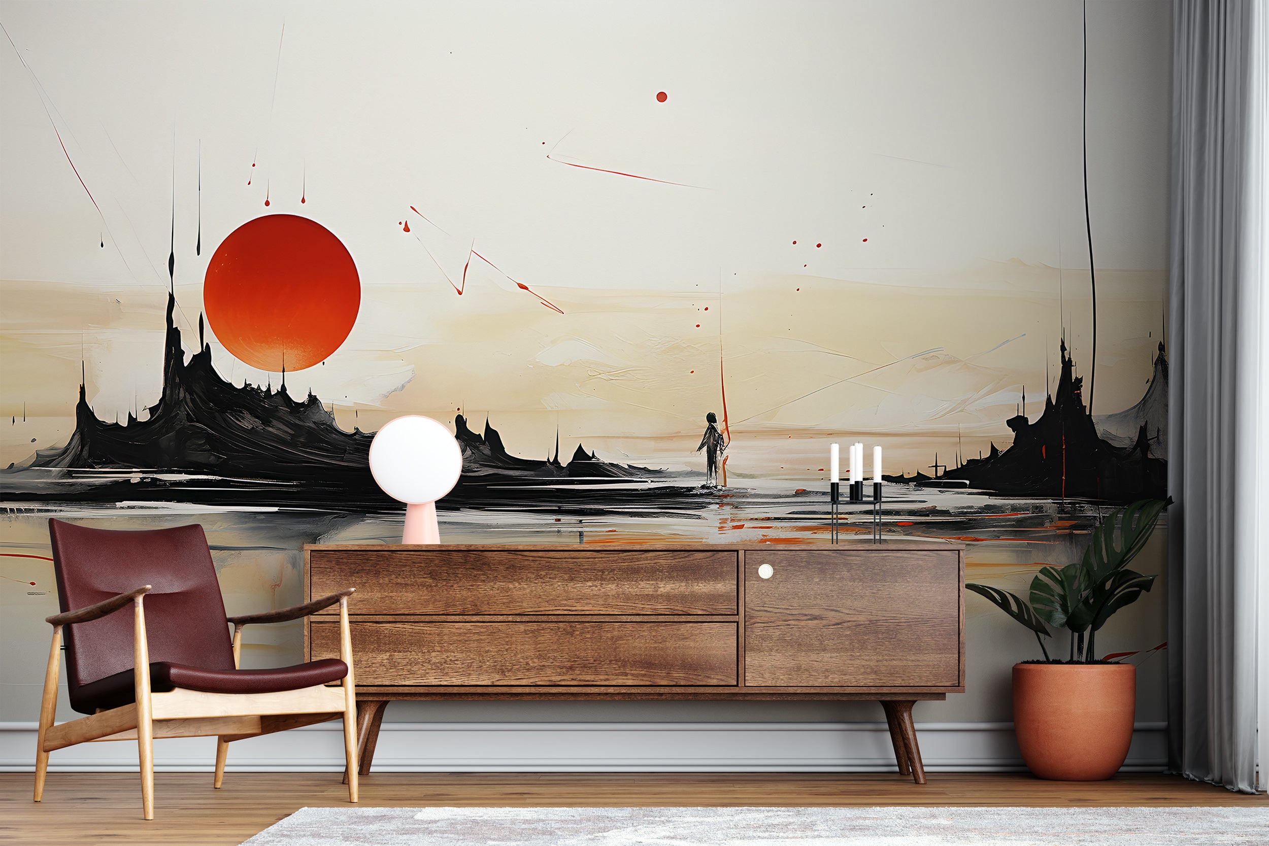 Japanese Landscape Red Sun Wallpaper