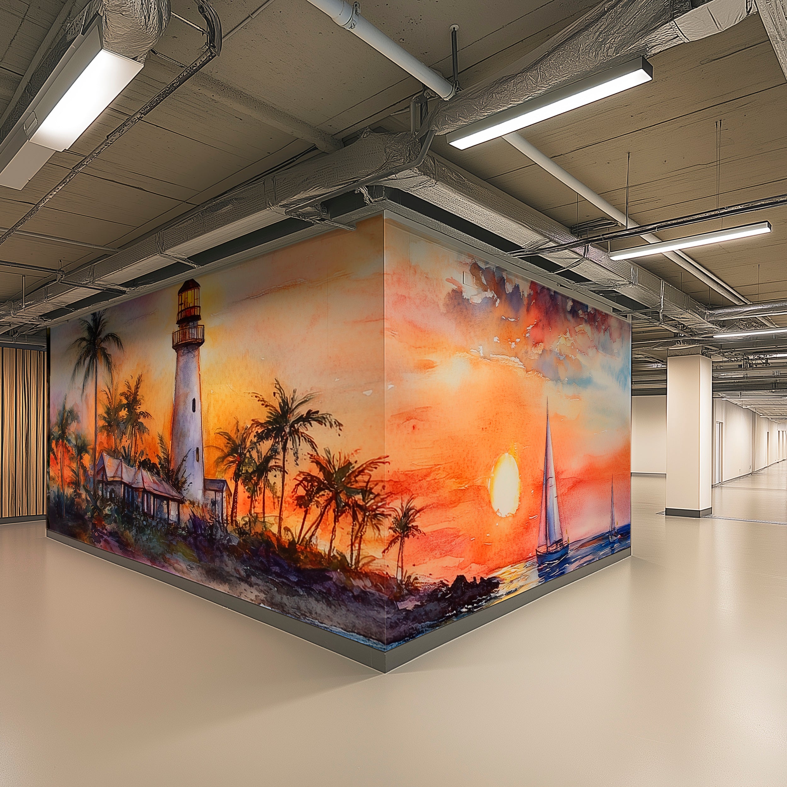 Florida Beach Lighthouse Wall Mural, Peel and Stick White Sailboat Wallpaper, Colorful Coastal Mural, Watercolor Ocean Sunset Art