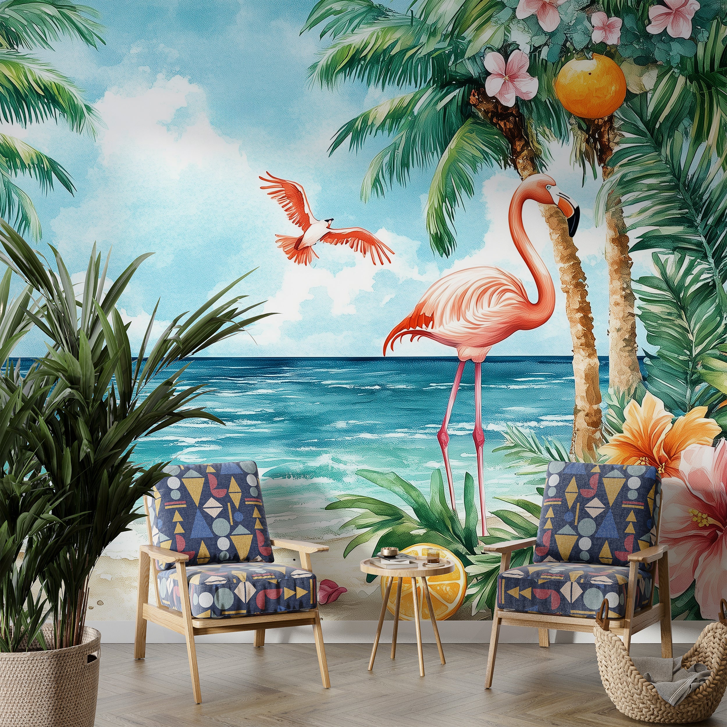 Dreamy Tropical Beach Mural, Peel and Stick Flamingos and Palm Trees Wallpaper, Ocean Calm Beach Colorful Wall Decor