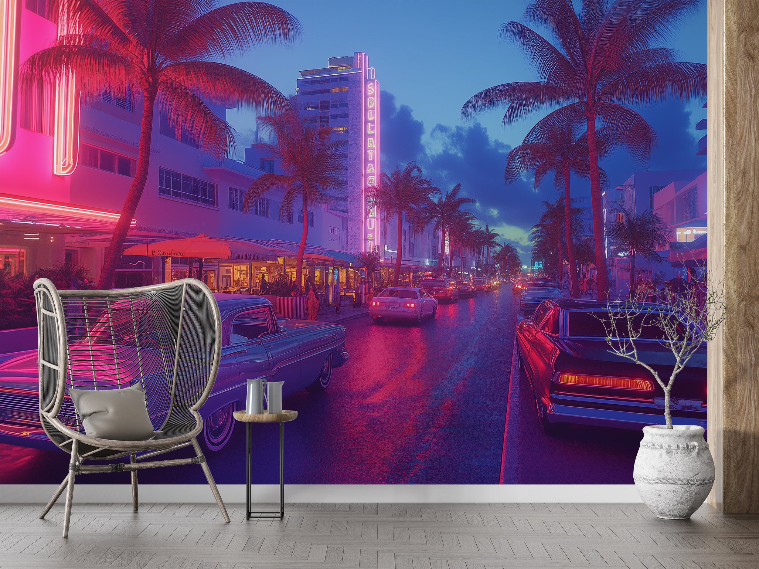 South Beach Florida Mural, Peel and Stick Neon Style Miami Street Wallpaper, Retro Cars in Miami Wall Art