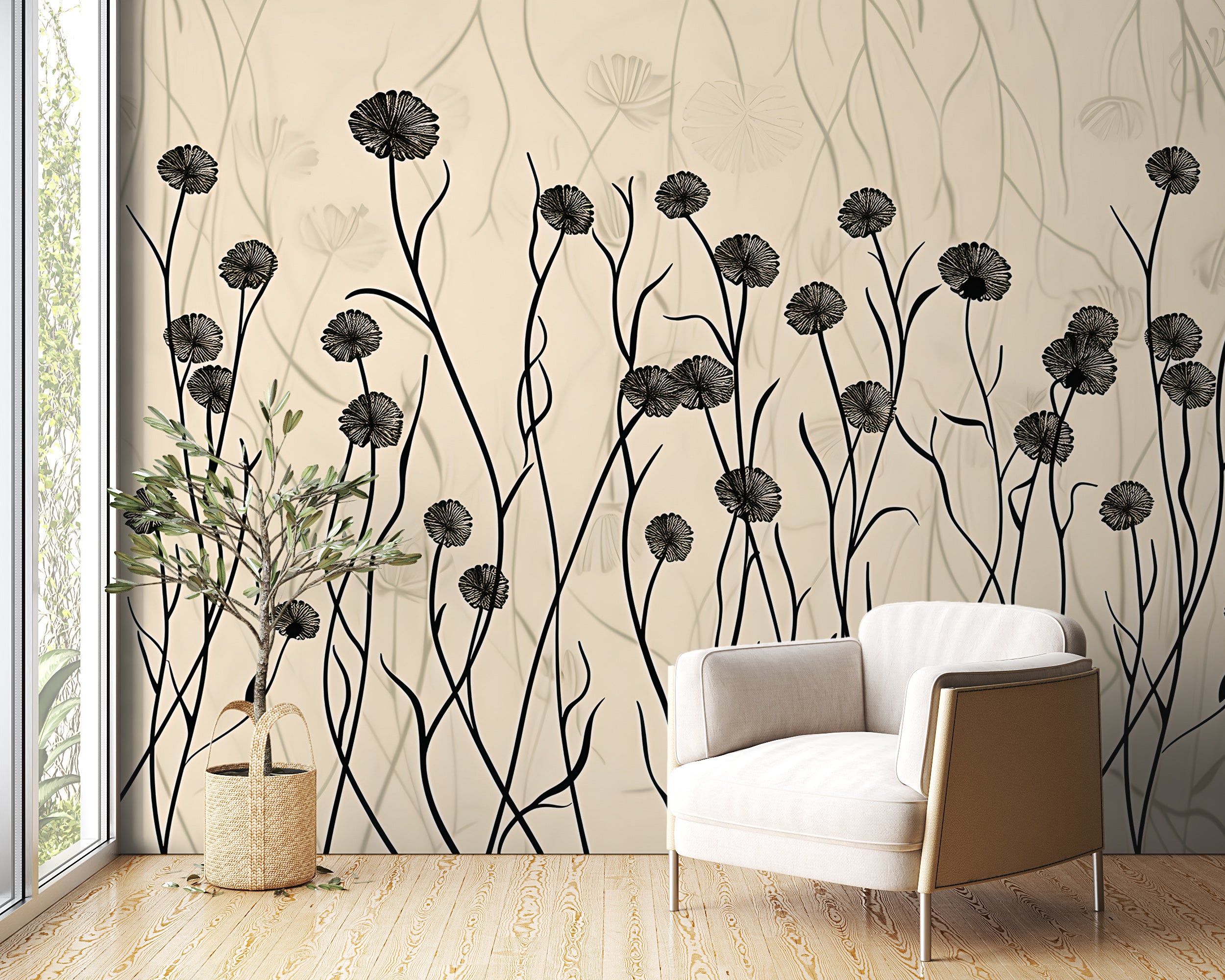 Beige Plants Wall Mural, Light Botanical Wallpaper, Abstract Floral Wall Decal, Peel and Stick Beige Flower Mural, Meadow Flowers Mural