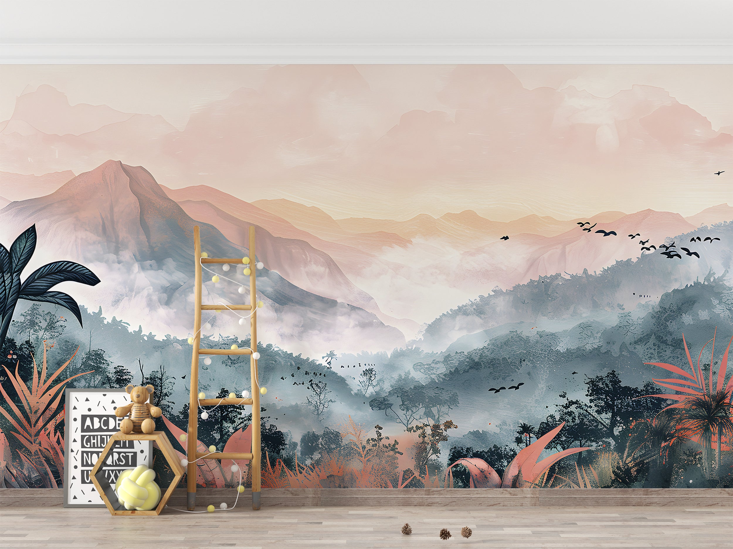 Colorful Jungle Forest Mural, Mountains in the Forest Wallpaper, Peel and Stick Colorful Mountain, Wild Nature Wall Decal, Nursery PVC free