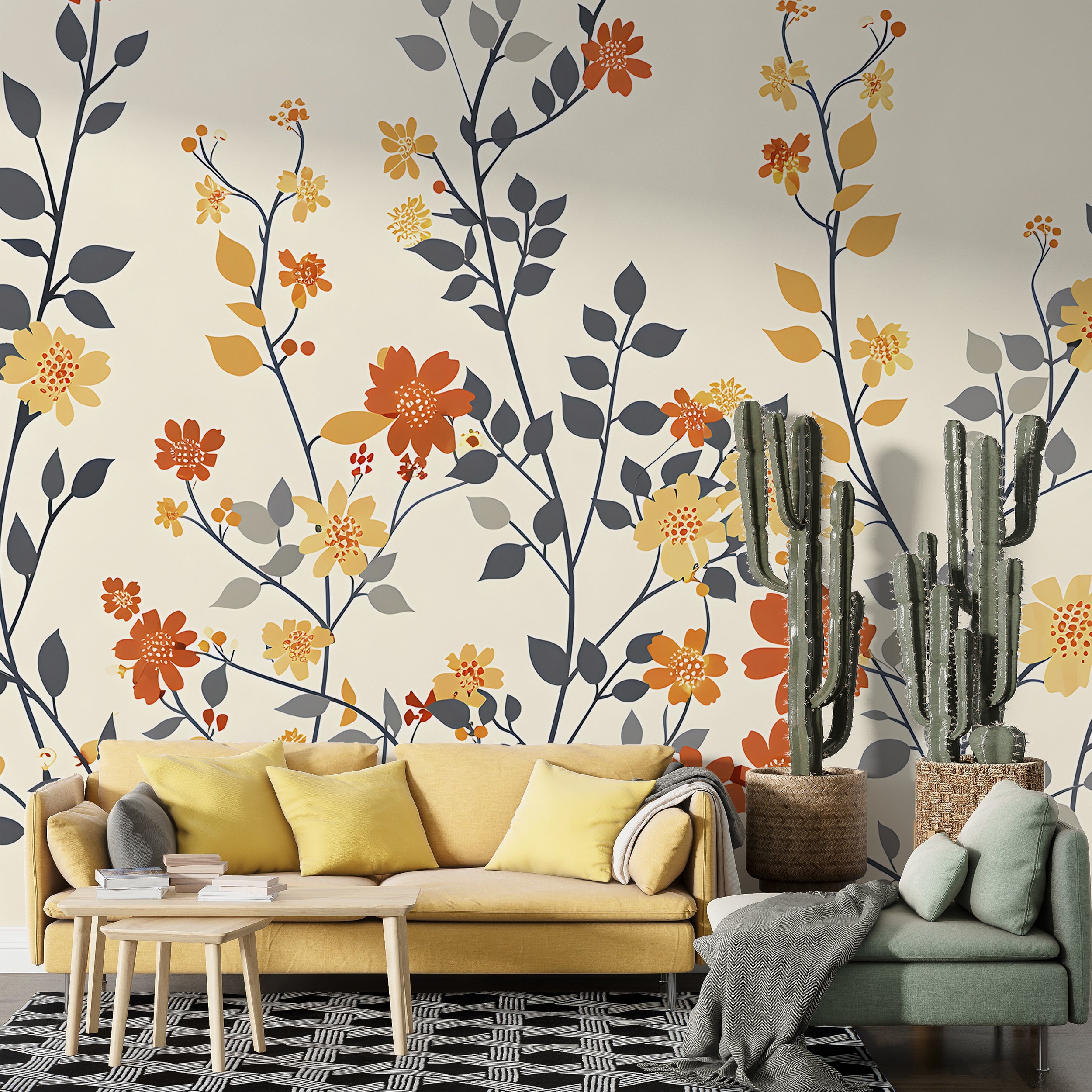 Beige Floral Mural, Red and Yellow Flowers Wallpaper, Self-adhesive Botanical Wall Decal, Removable Pastel Colors Meadow Flower Mural