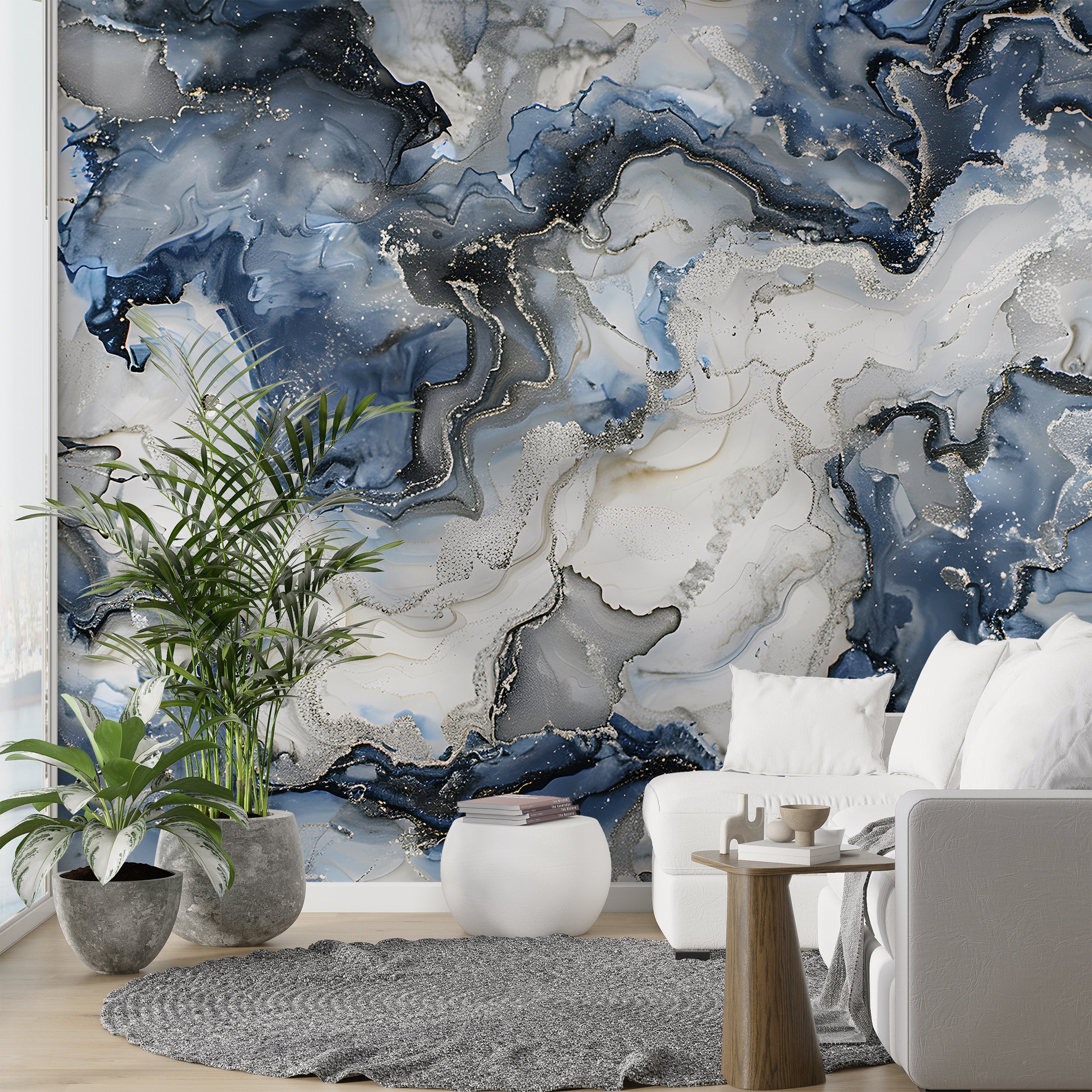 Blue and White Marble Wallpaper, Alcohol ink wall mural, Abstract Peel and Stick Stone Wallpaper, Blue & Silver Removable Modern Art