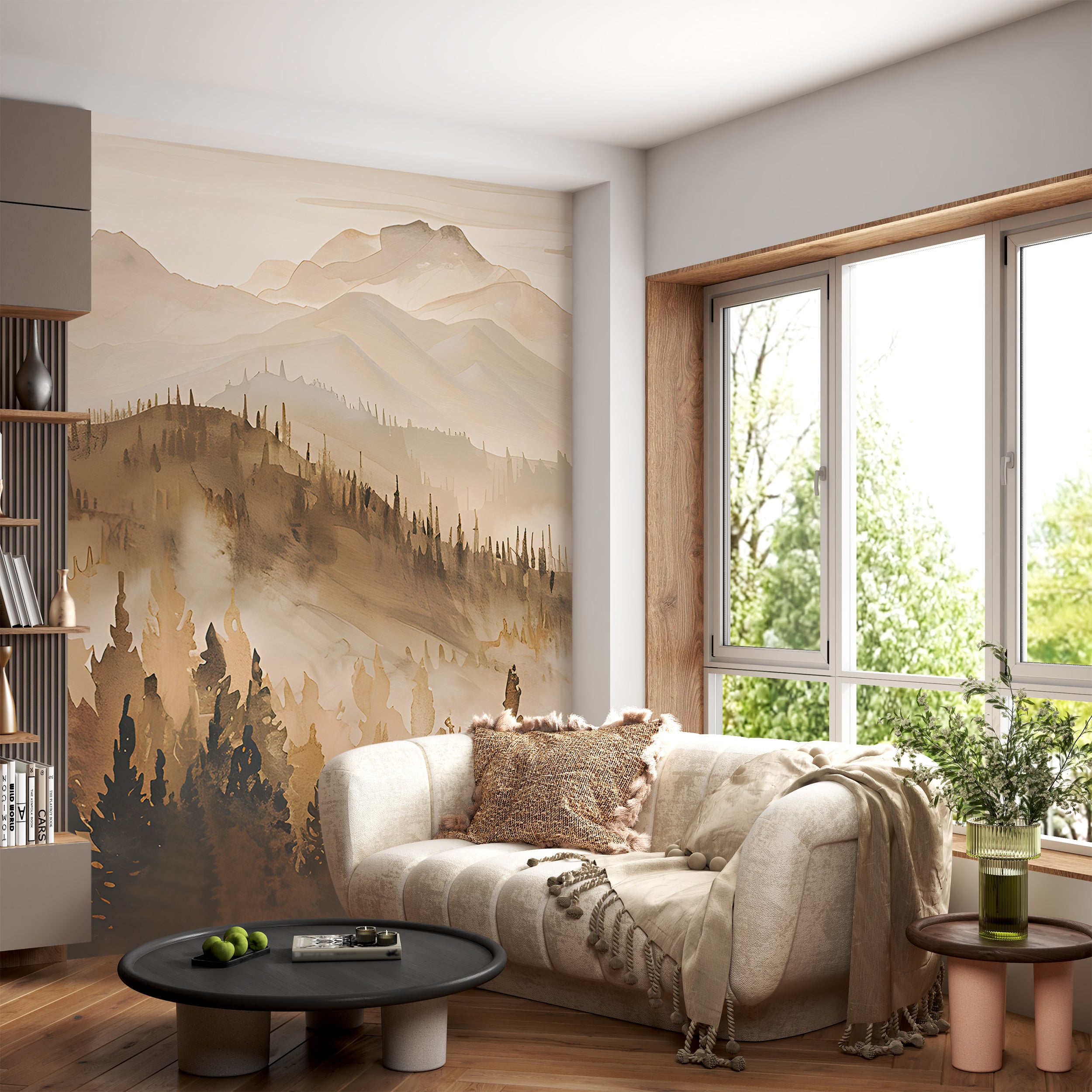 Brown and Beige Landscape Mural, Watercolor Mountains and Forest, Peel & Stick Nature Wall Decal, Removable Beige Pine Tree Forest