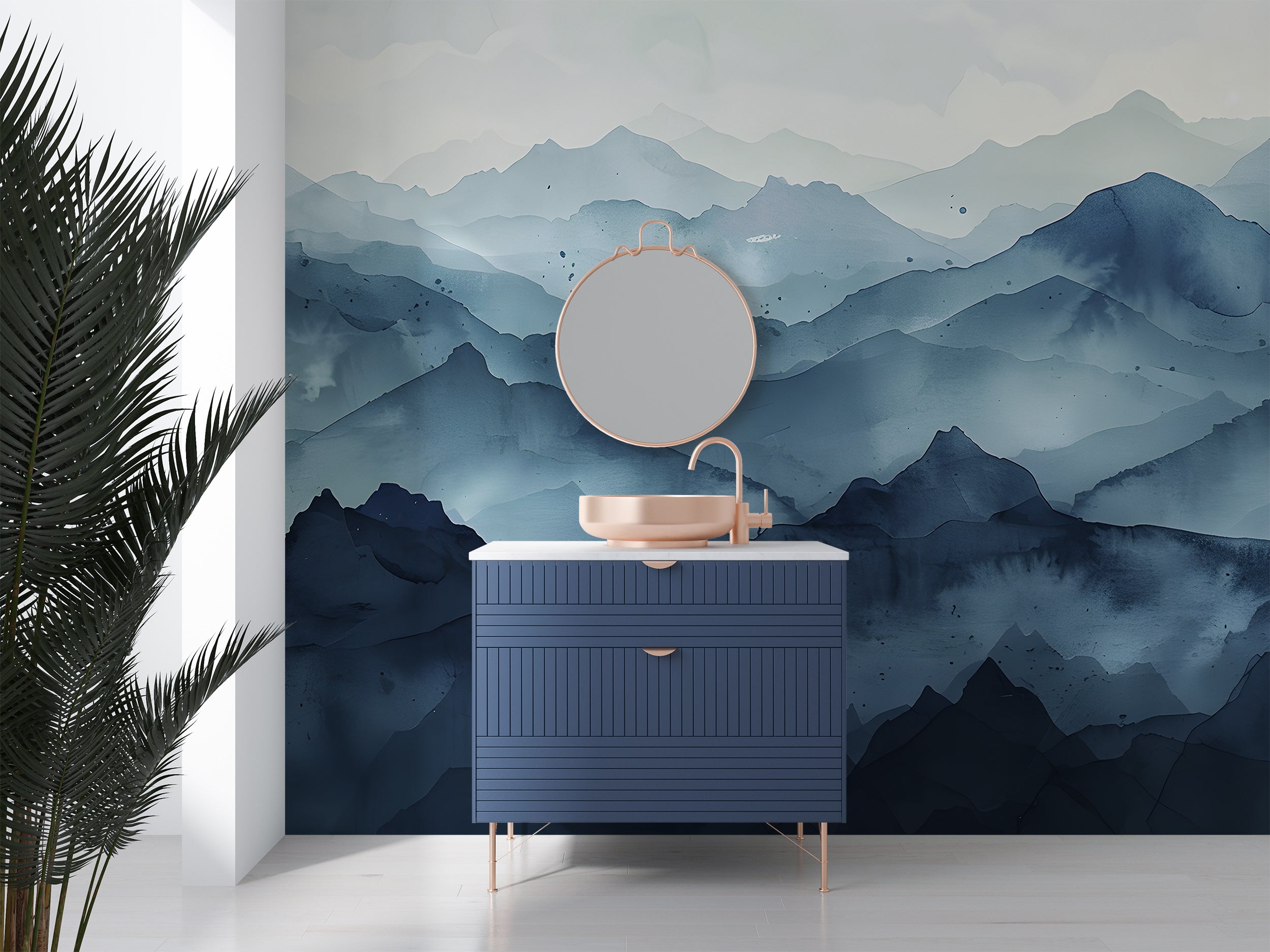 Dark Blue Mountains Mural, Watercolor Mountain Landscape Wallpaper, Peel and Stick Navy Blue Nature Art, Nursery Mountains Wall Decal