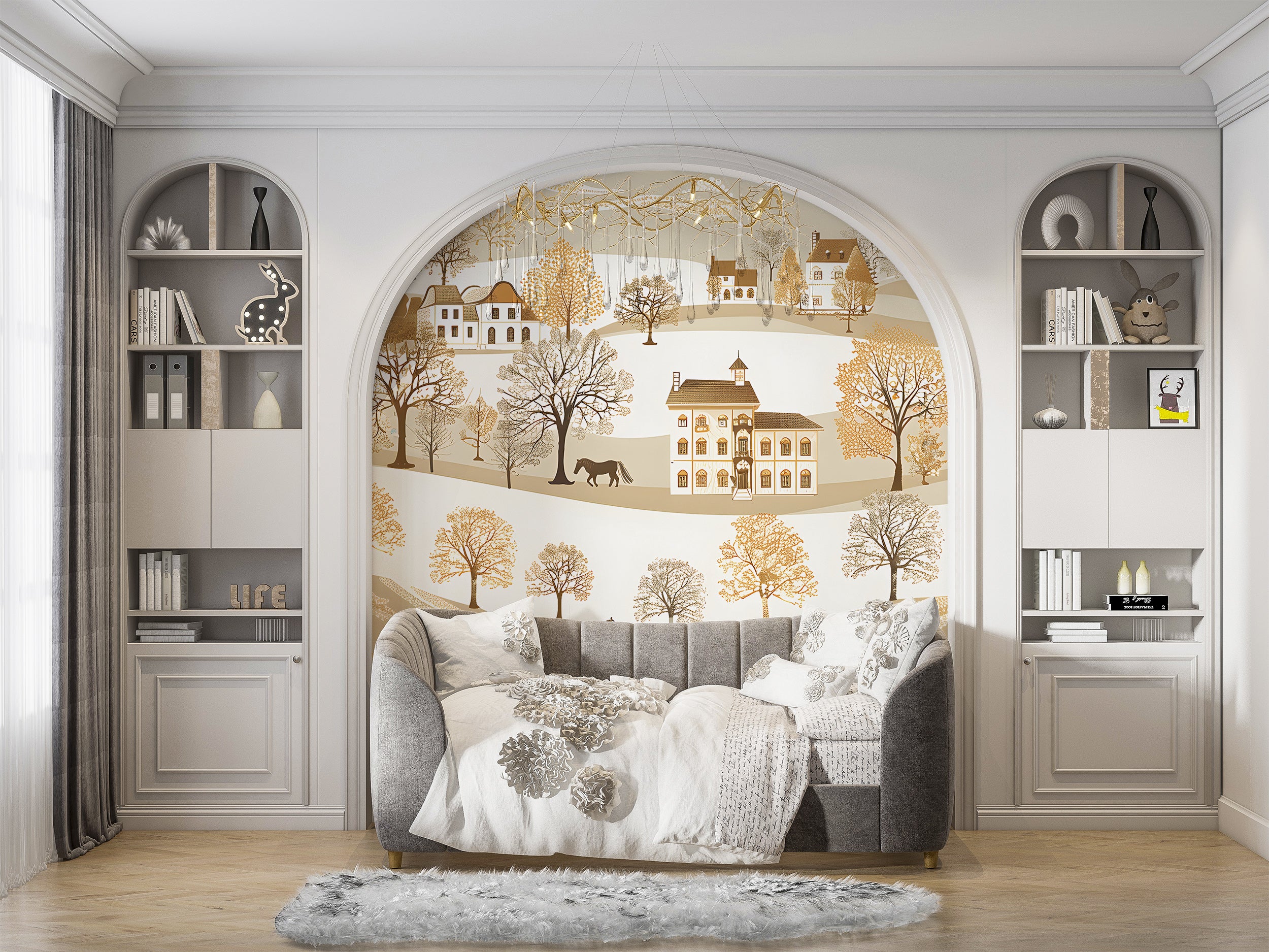 Beige Landscape with Houses and Trees Wallpaper, Seamless Horizontal Pattern Mural, Watercolor Classic Wall Art, Peel and Stick Traditional Village Mural