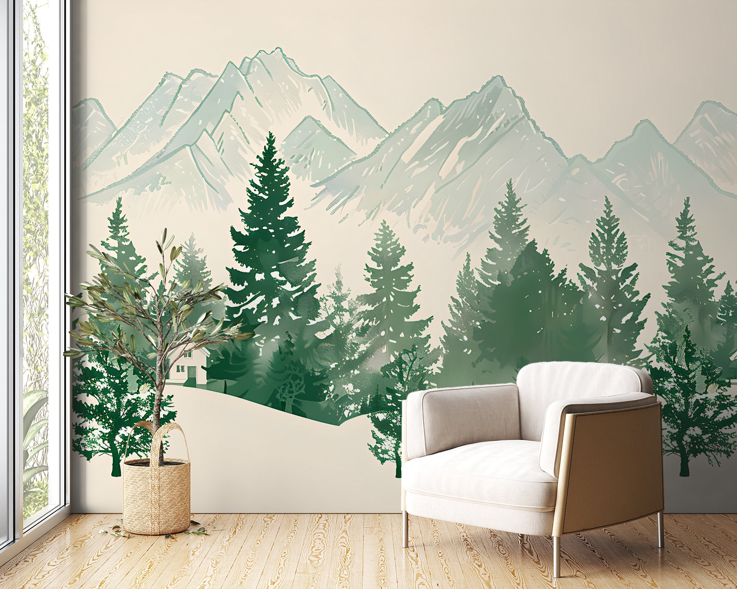 Monochrome Mountains and Forest Mural, Green and White Landscape Wallpaper, Self-adhesive Seamless Mountain Pattern, Removable Nature Decal