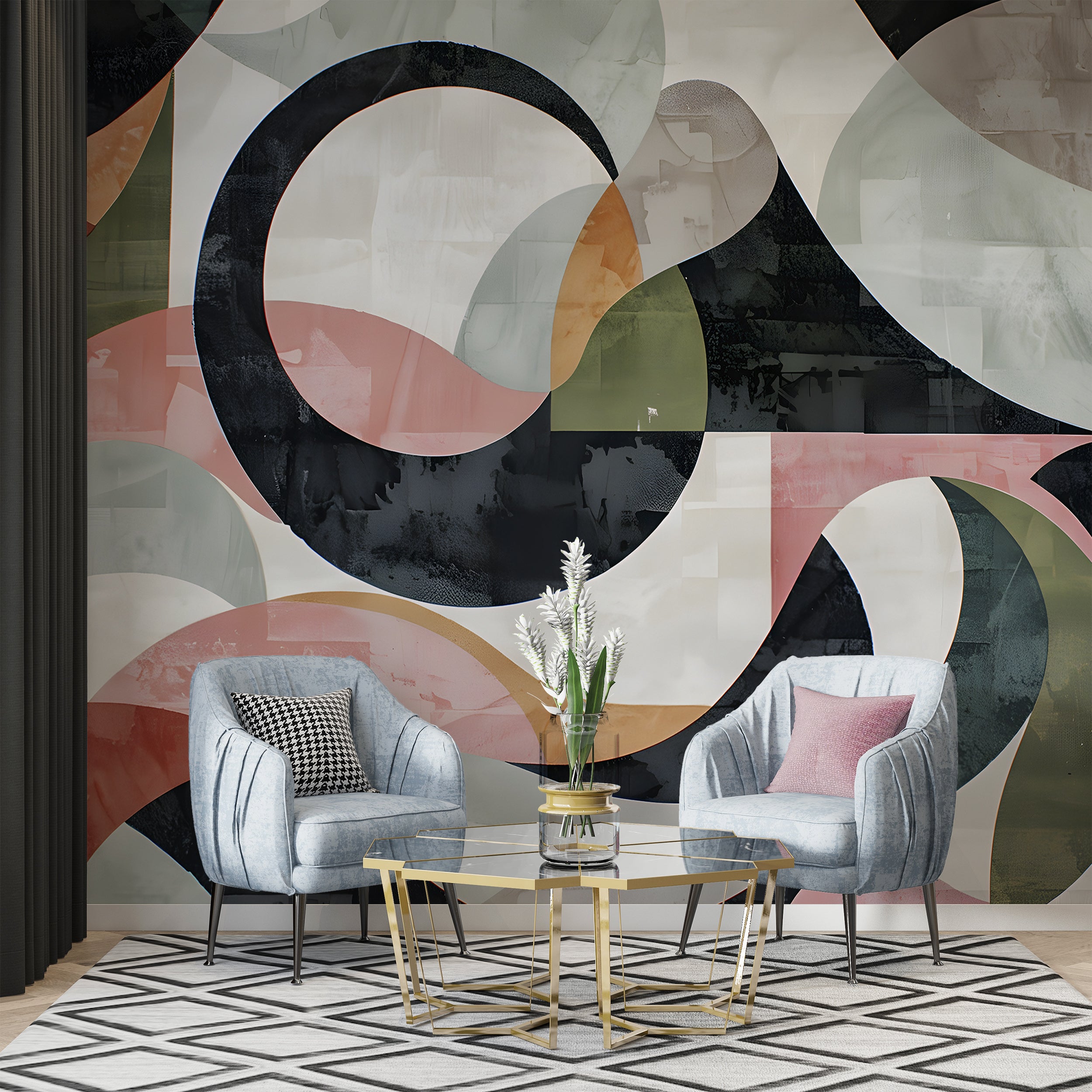 Abstract Geometric Mural, Art Deco Wallpaper, Peel and Sick Modern Mural, Colorful Watercolor Removable Wall Decal