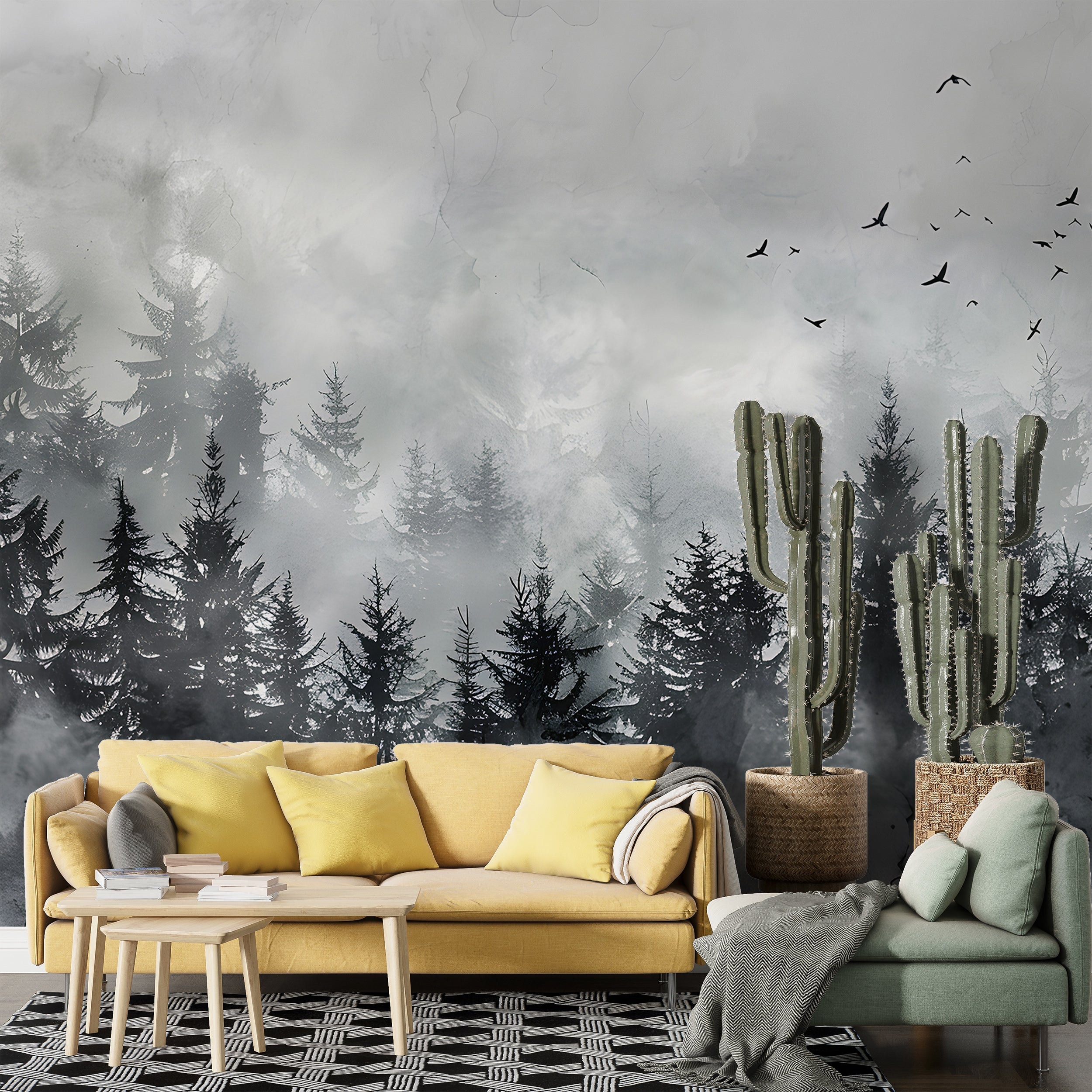Black Foggy Forest Mural, Dark Watercolor Pine Tree Forest Wallpaper, Peel and Stick Clouds, Removable Birds and Trees Black & White