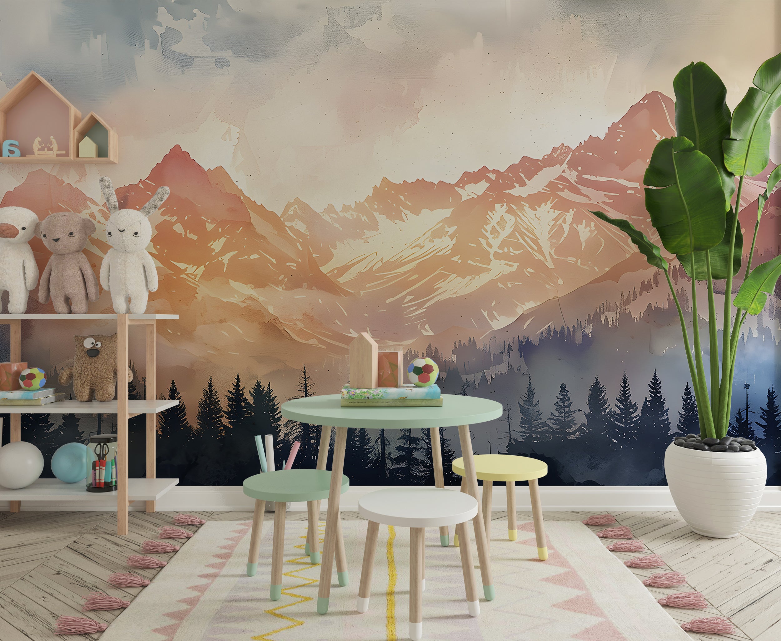 Watercolor Mountain Sunset Wallpaper, Colorful Mountains and Forest Mural, Peel and Stick Orange Landscape Nursery Decal, PVC-free