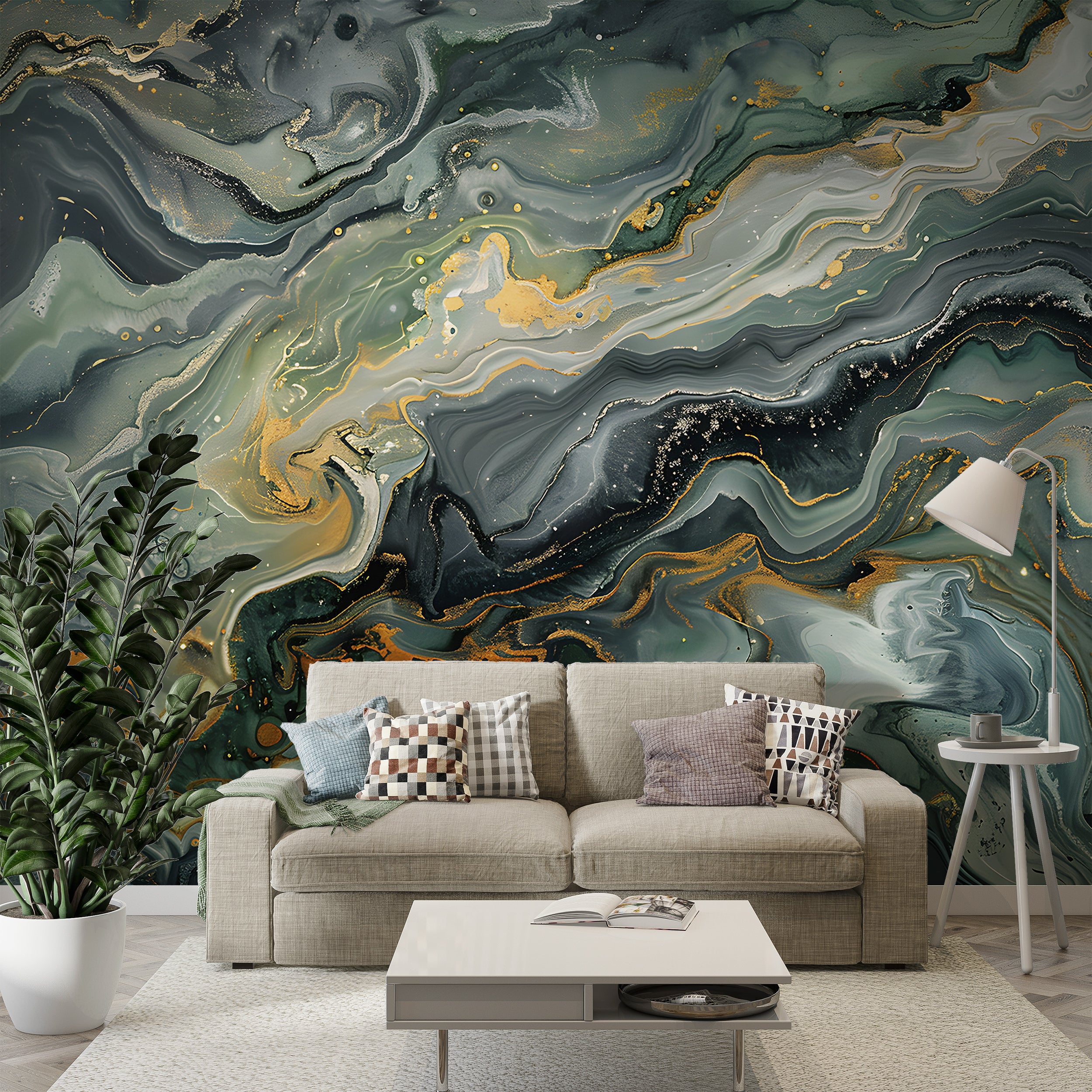 Deep Green Marble Mural, Alcohol Ink Abstract Wallpaper, Peel and Stick Dark Green Stone Texture Art, Removable Marble Sticker Decor