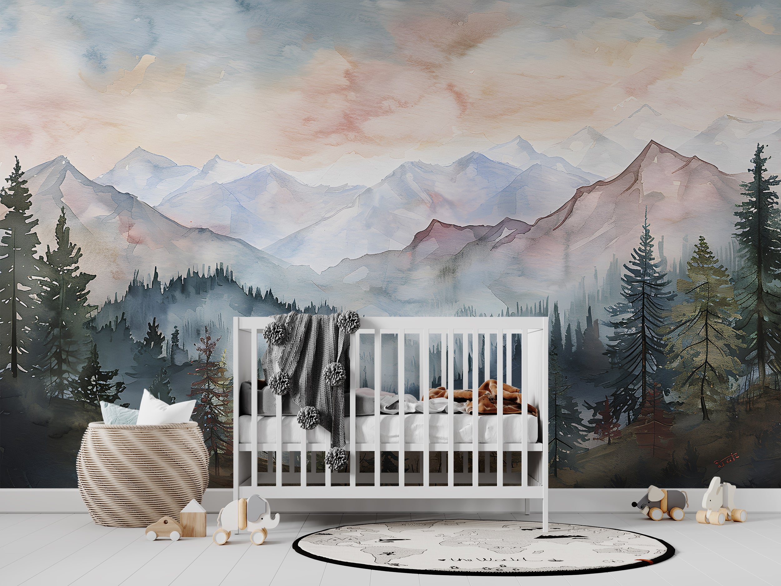 Watercolor Wild Nature Landscape Mural, Mountains and Forest Wallpaper, Peel and Stick Mountain Valley Decal, Colorful Nursery Landscape Wall Art
