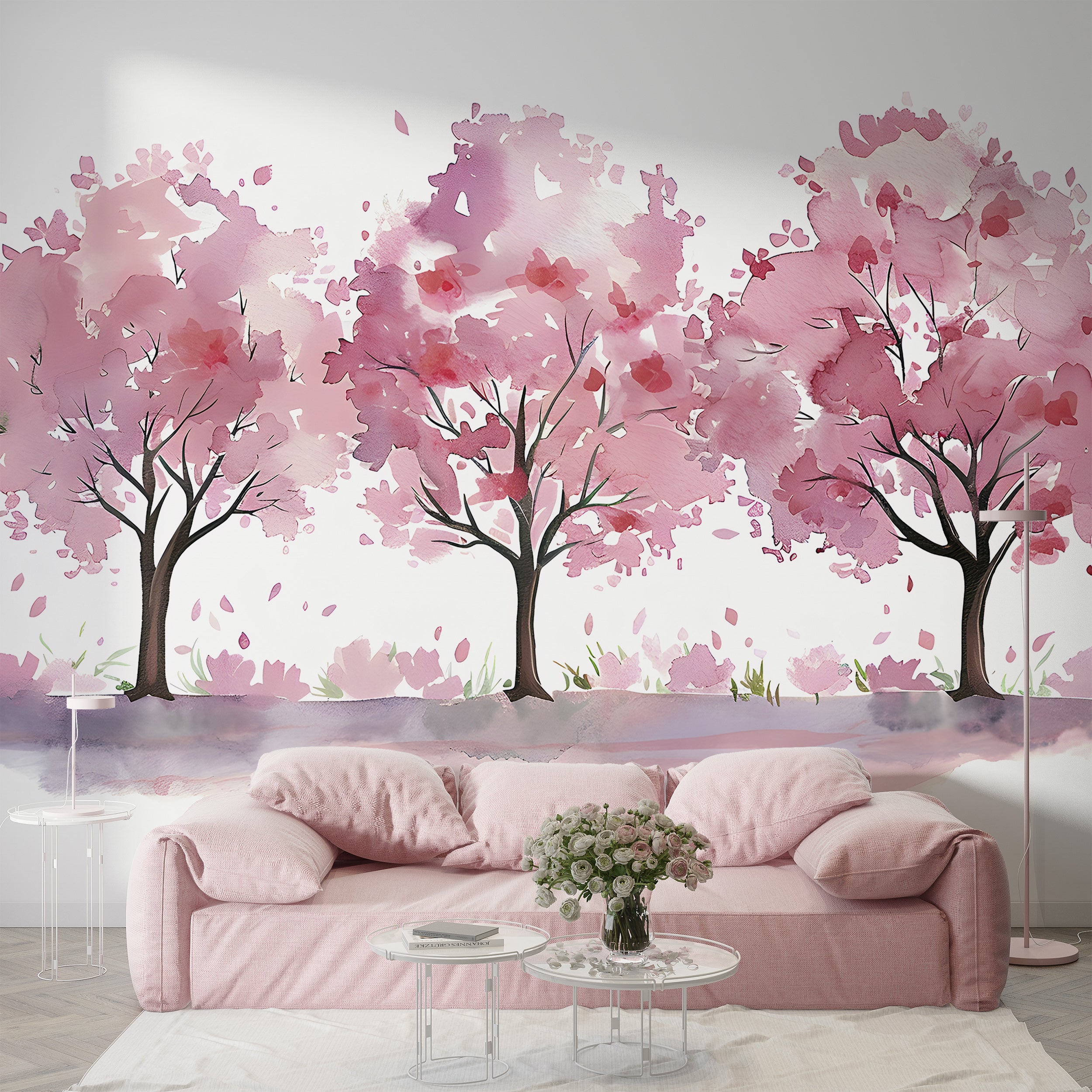Nursery Pink Trees Mural, Watercolor Three Trees Wallpaper, Peel and Stick Custom Size Removable Kids Wall Decal, PVC-free