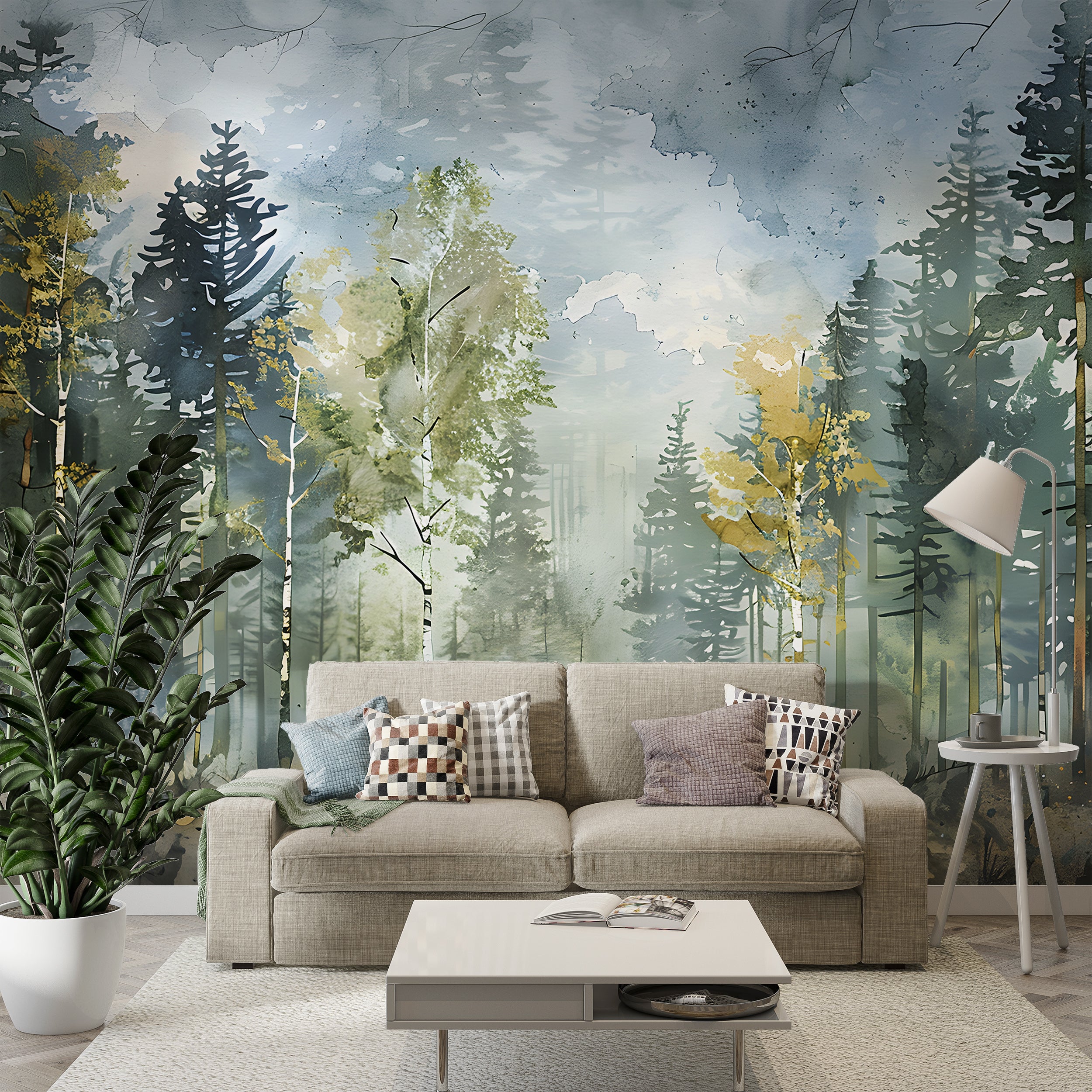 Birch Forest Wallpaper, Watercolor Woodland Mural, Pastel Colors Trees Wall Art, Peel and Stick Birches Decal, Removable Wild Nature Wallpaper
