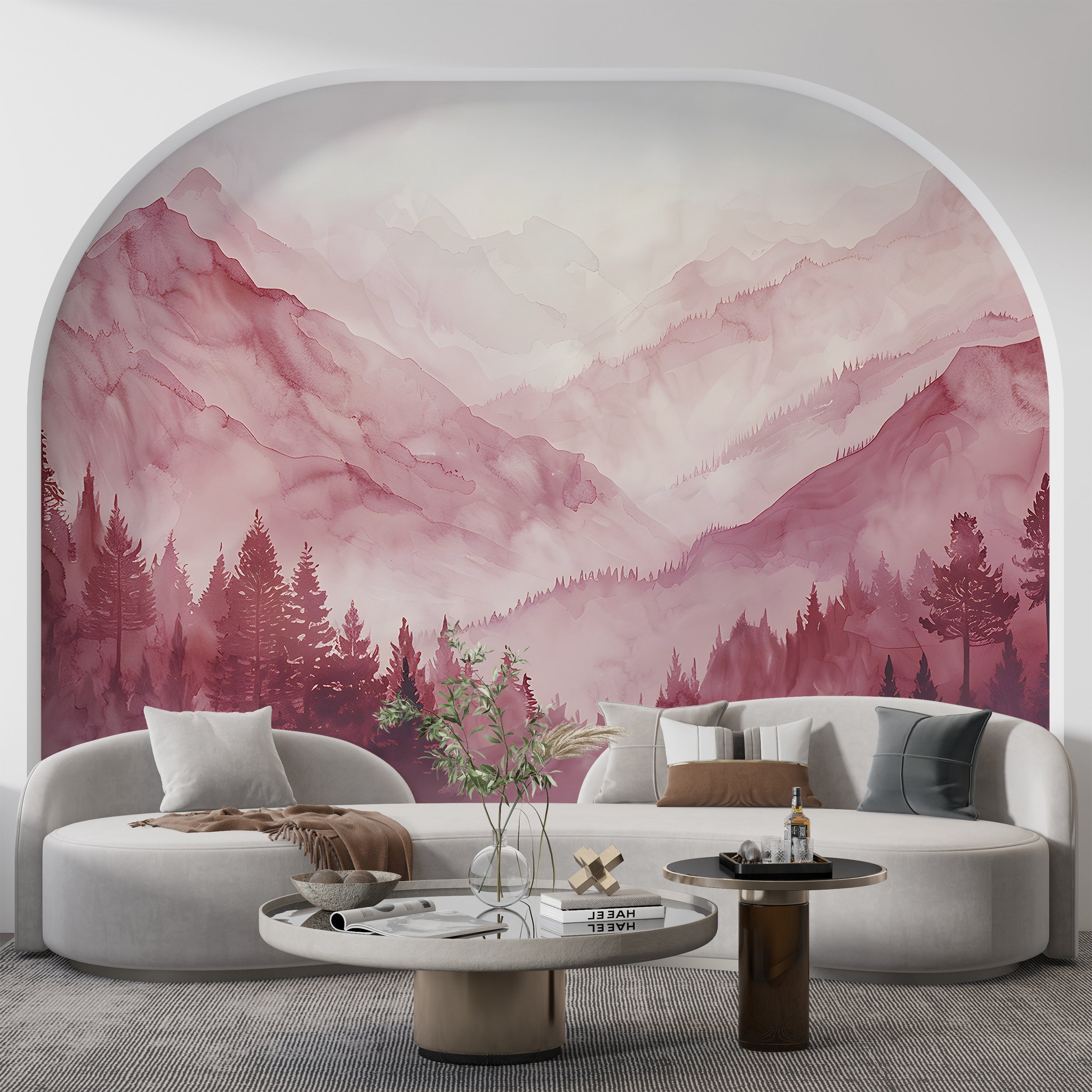 Pink Nursery Landscape Wallpaper, Watercolor Mountain View Mural, Peel and Abstract Stick Forests and Mountains Wall Mural, Soft Pink Nature Art