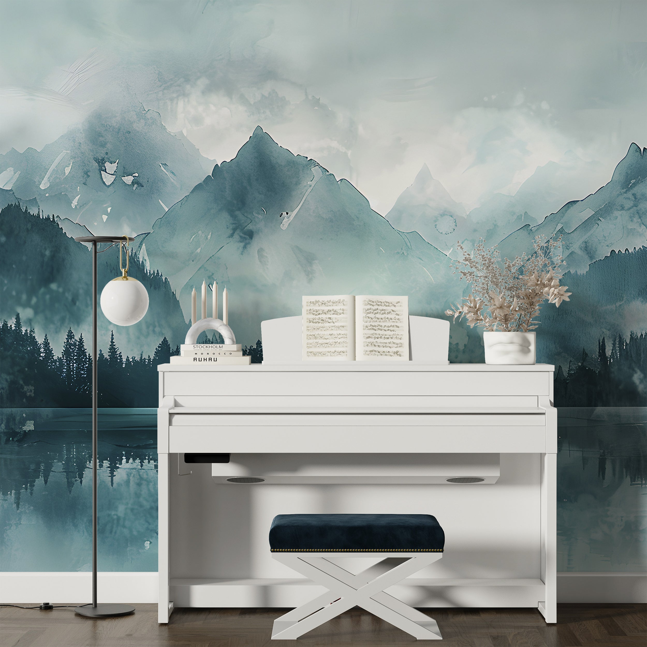 Mountain Lake in Mint Colors Mural, Watercolor Forest and Mountains Wallpaper, Peel and Stick Green Lake Landscape Art, Abstract Nature Decor
