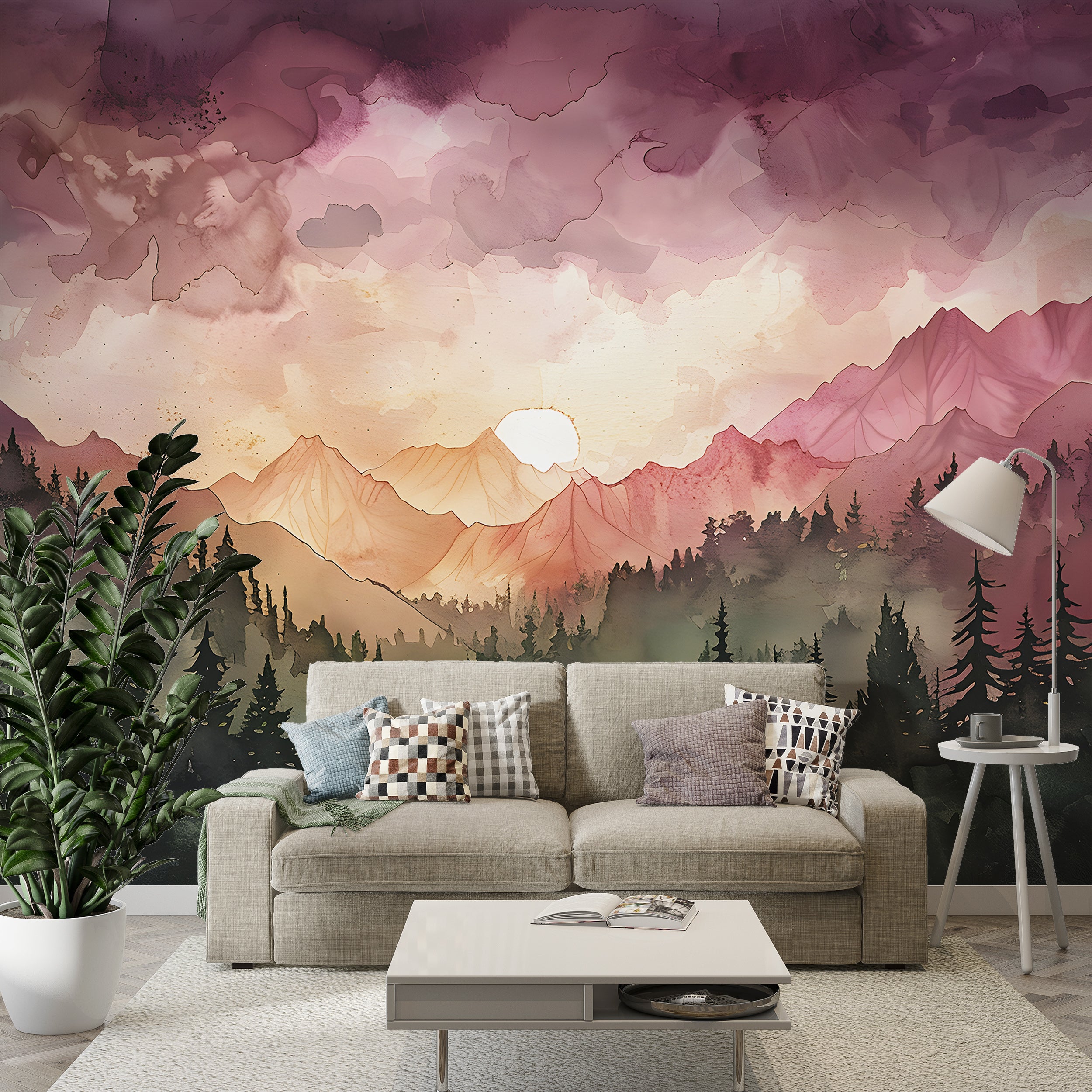 Pink and Orange Mountain Sunset Mural, Watercolor Mountains and Forest Landscape Wallpaper, Colorful Nursery Nature Wall Art