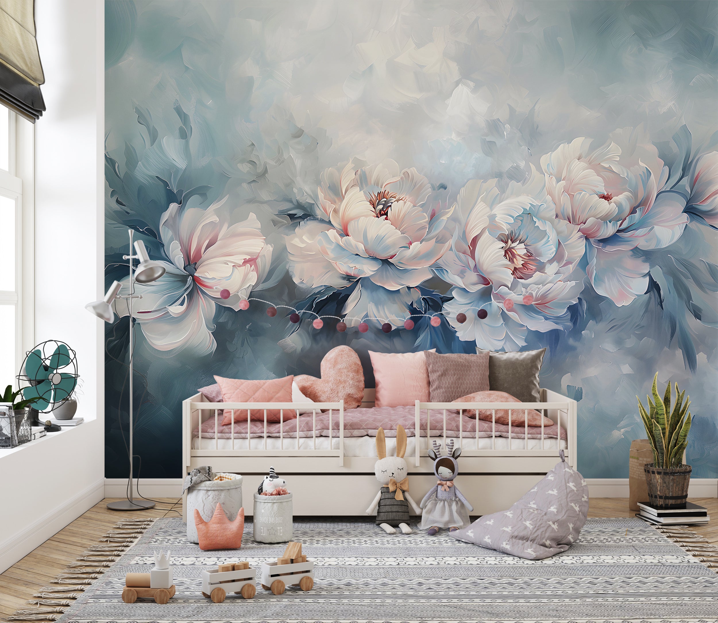 Abstract Floral Blue Mural, Watercolor Peonies Wallpaper, Peel and Stick Botanical Art, Blue Peony Abstract Wall Decal, Removable Flowers PVC free
