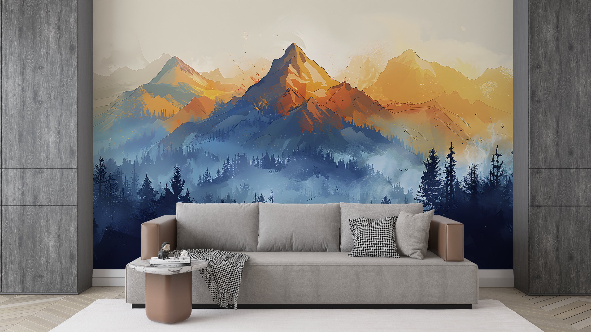 Orange and Blue Watercolor Mural, Peel and Stick Mountain View Wallpaper, Removable Mountains and Forest Landscape, Mountain Sunset Art