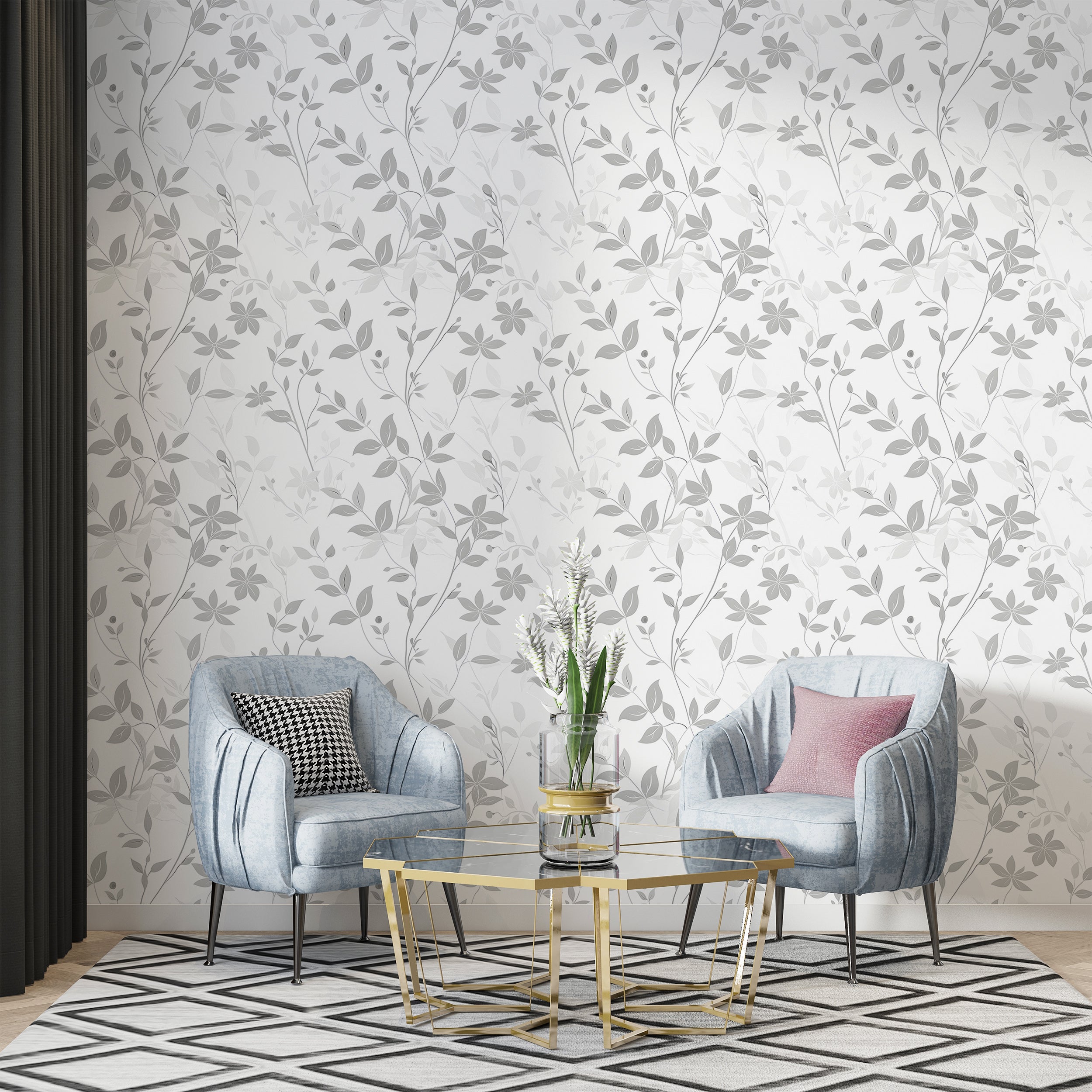 Grey and White Floral Wallpaper, Removable Light Botanical Leaves, Peel and Stick Delicate Tree Flowers Decal, Soft Shades of Grey Floral Pattern