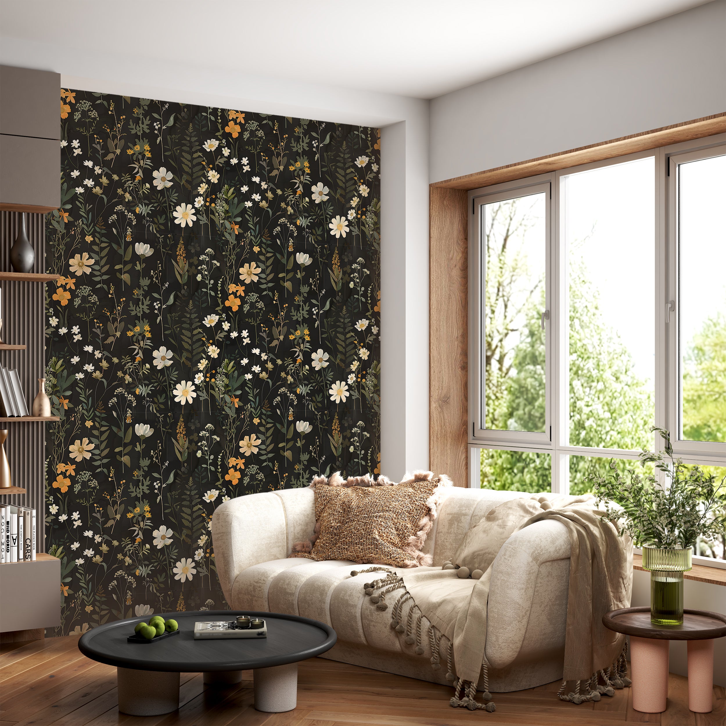 Meadow Flowers Dark Wallpaper, Fern Wall Decor, Peel and Stick Botanical, Dark Floral Decal, Removable Flower and Leaves on Black Background