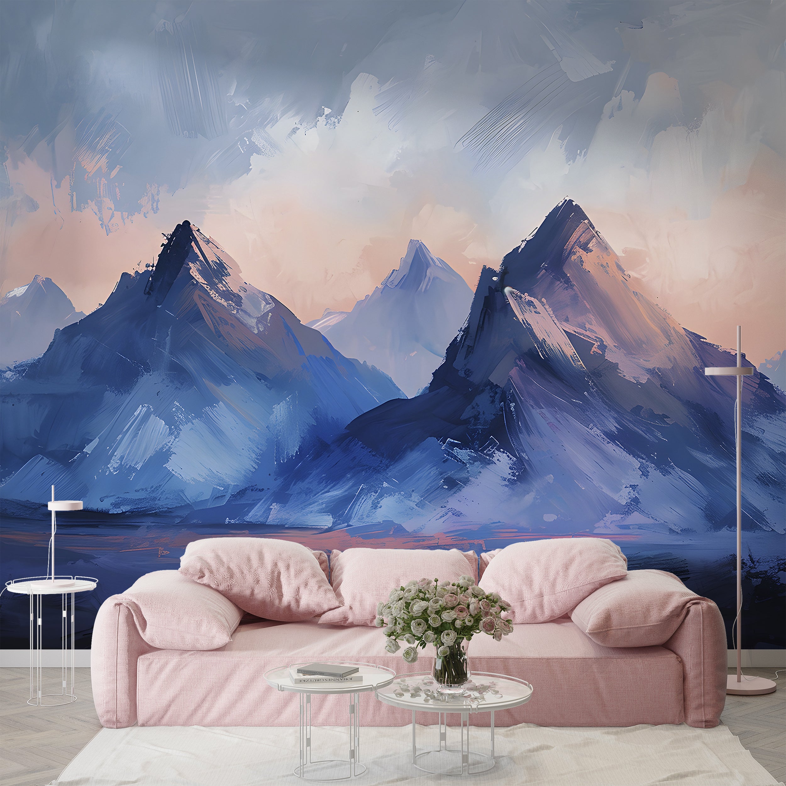 Oil Brushed Style Mountains Mural, Peel and Stick Blue Mountain, Watercolor Abstract Landscape, Nursery Deep Blue Wall Art, PVC free Decal