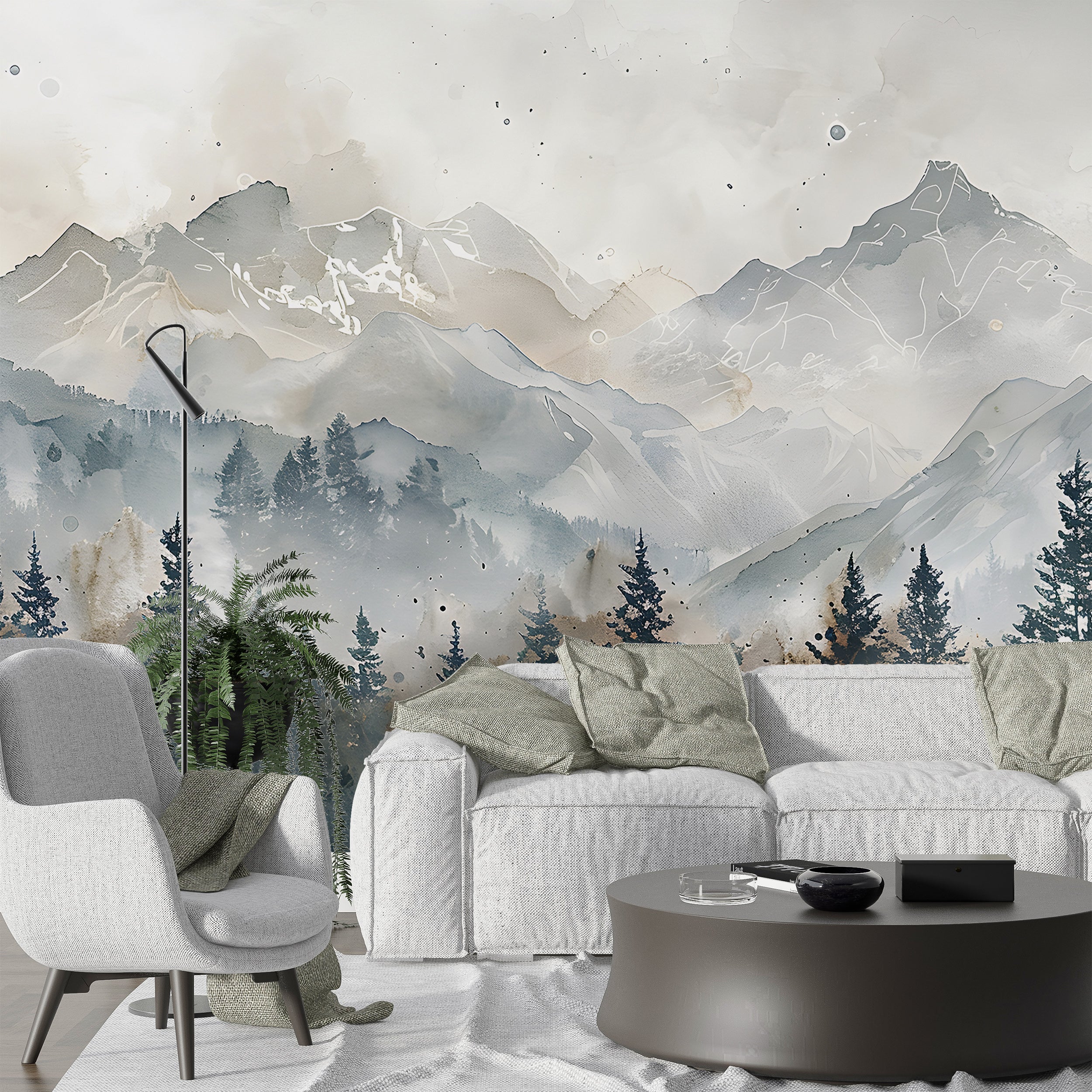Forest and Mountains in Watercolor Style Mural, Grey Cloudy Mountain Landscape, Peel and Stick Pine Forest Natural Colors Wall Decor, Removable Wall Art