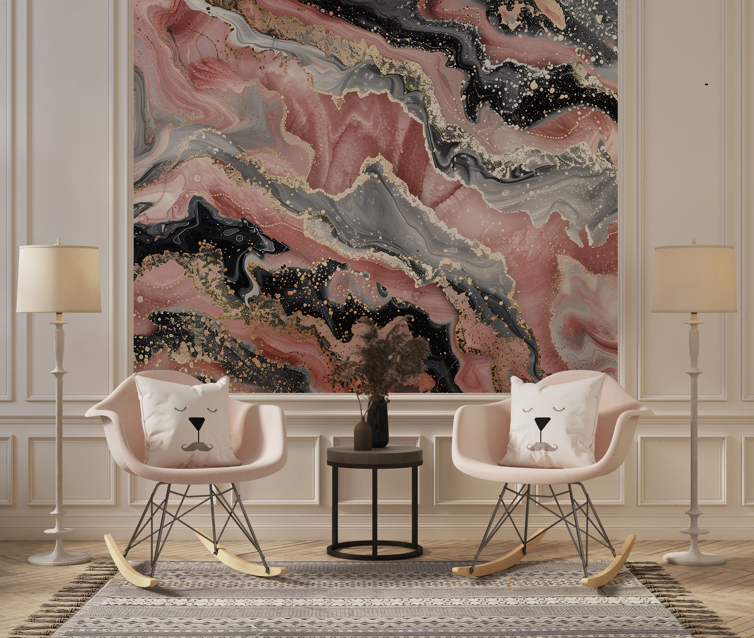 Pink Black Grey and Gold Alcohol Ink Mural, Peel and Stick Marble Texture Wallpaper, Removable Modern Wall Art, Abstract Unique Decor
