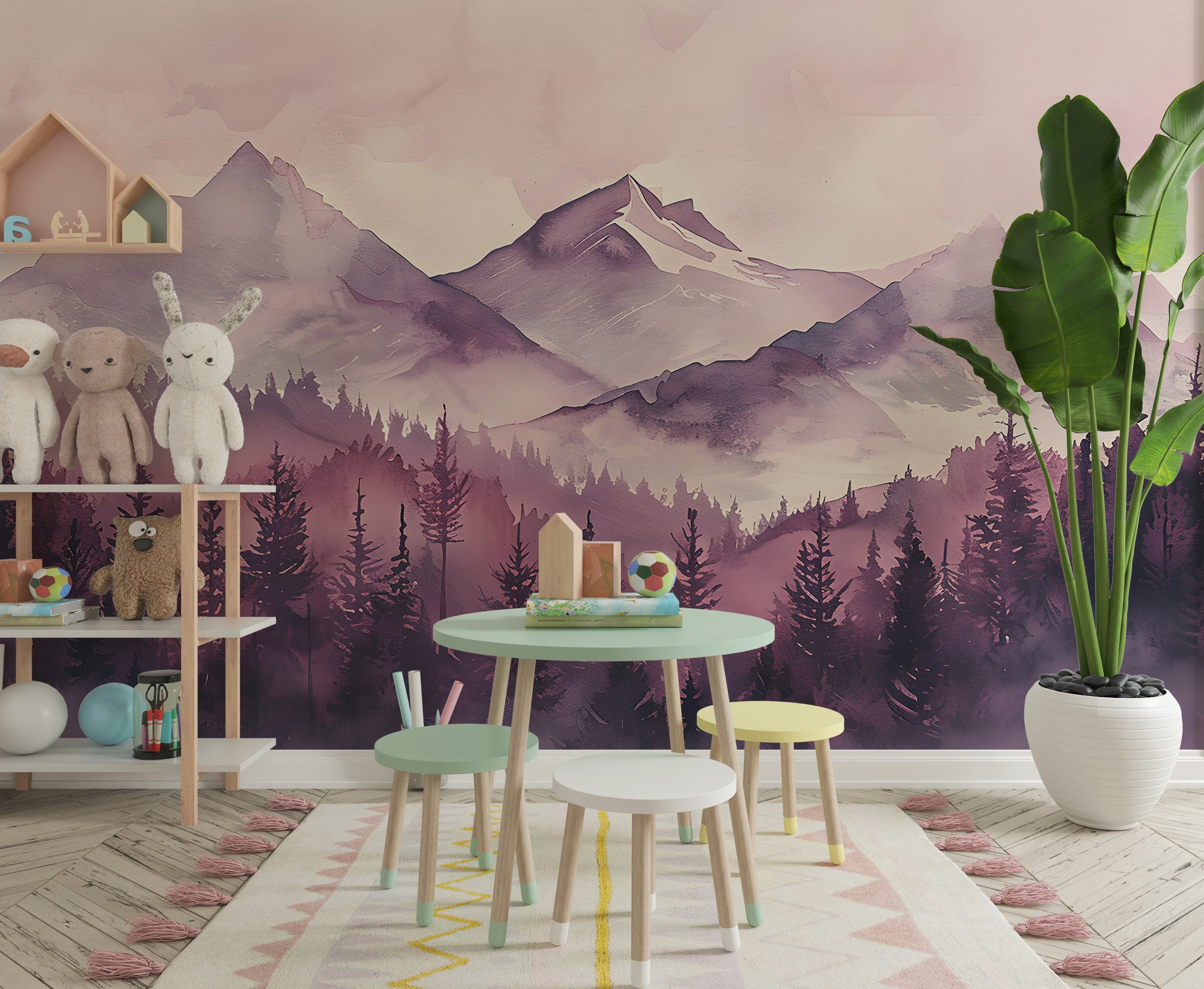 Soft Pink Mountains and Forest Mural, Peel and Stick Watercolor Mountains Landscape Wallpaper, Nursery Removable Custom Size Decor