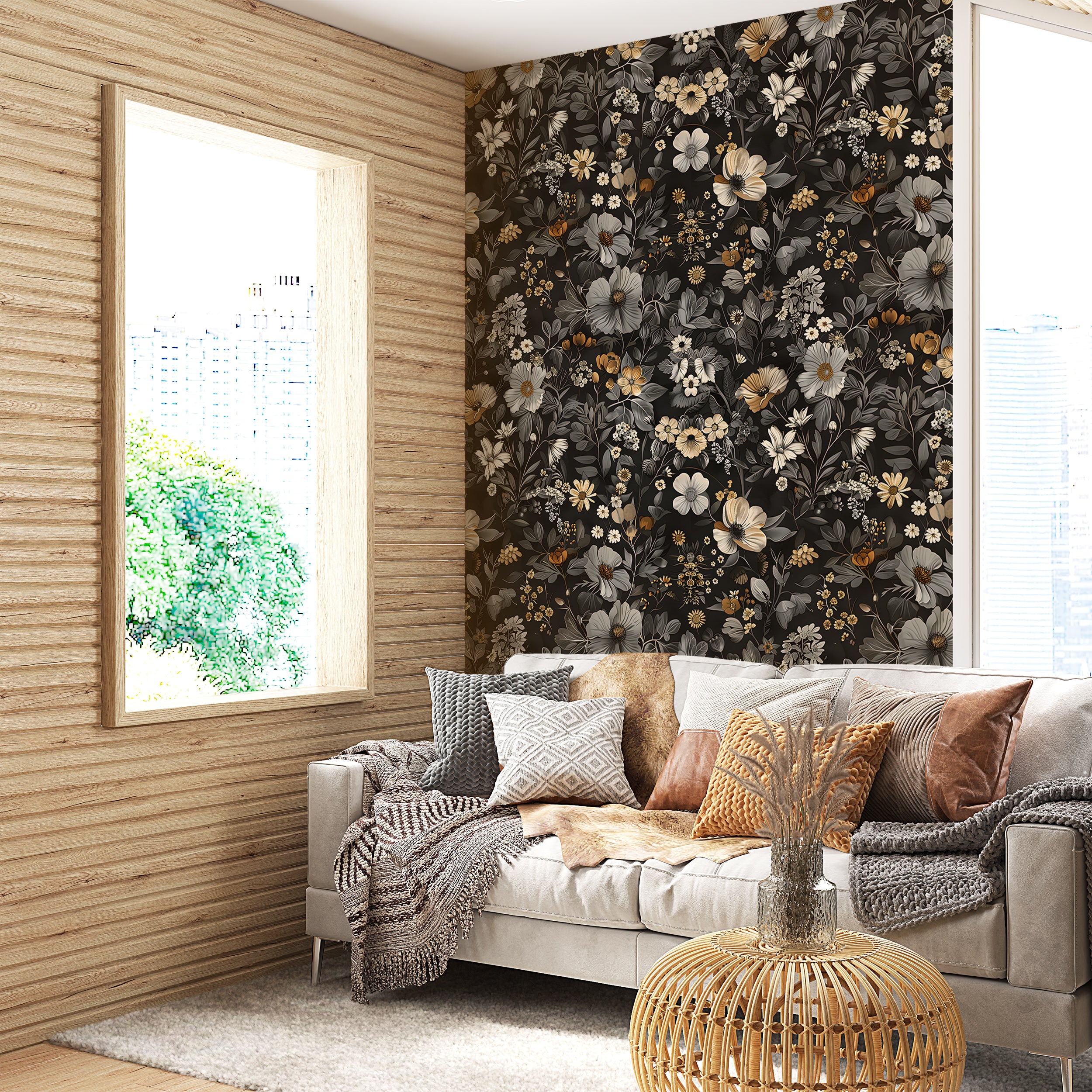 Grey and Beige Floral Wallpaper, Removable Dark Botanical Wall Decal, Peel and Stick Dark Flowers Vintage Wallpaper, Meadow Flower PVC free