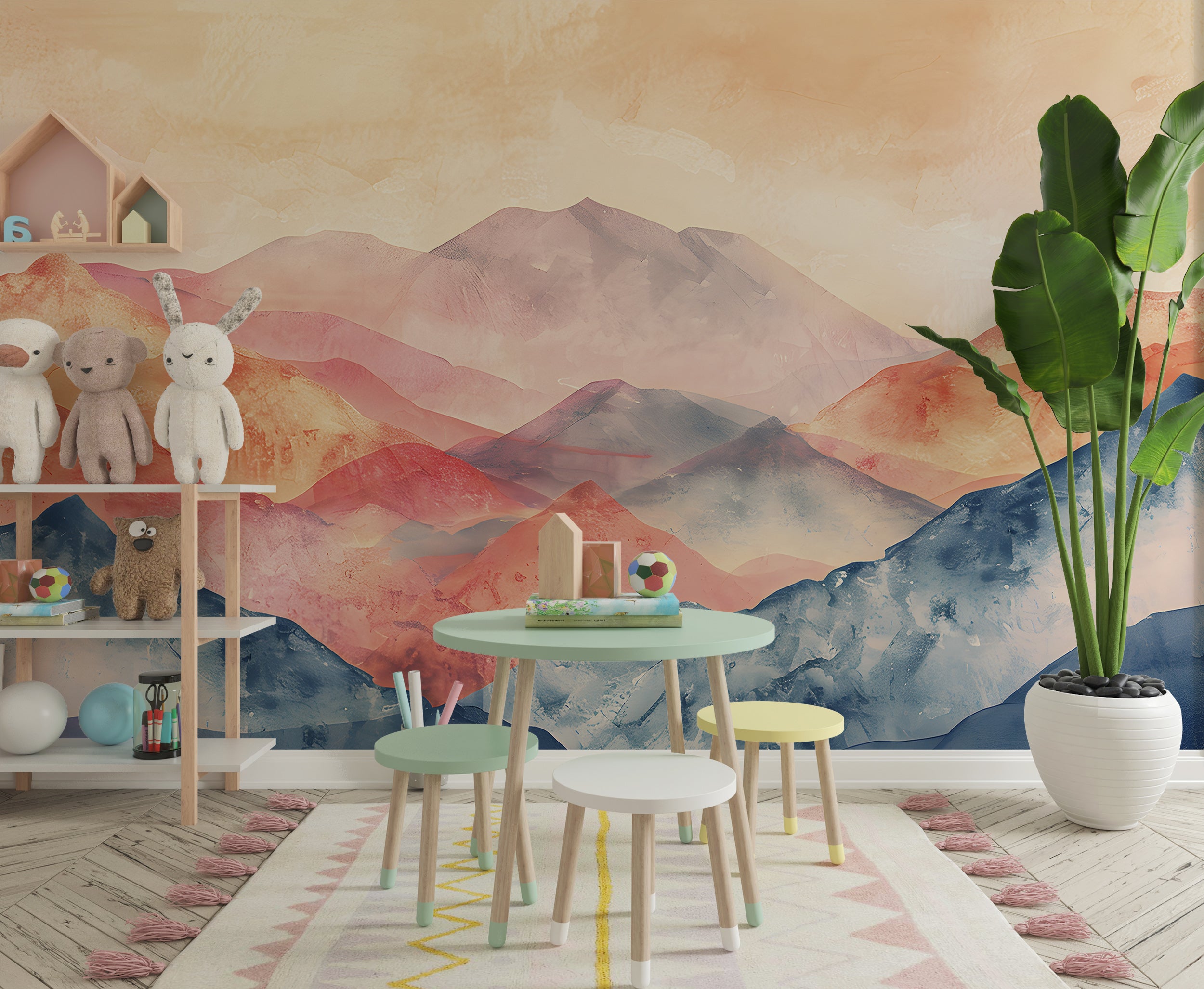 Abstract Mountains Mural, Colorful Peel and Stick Mountain Landscape Wallpaper, Watercolor Modern Style Removable Wall Mural, Custom Size Art