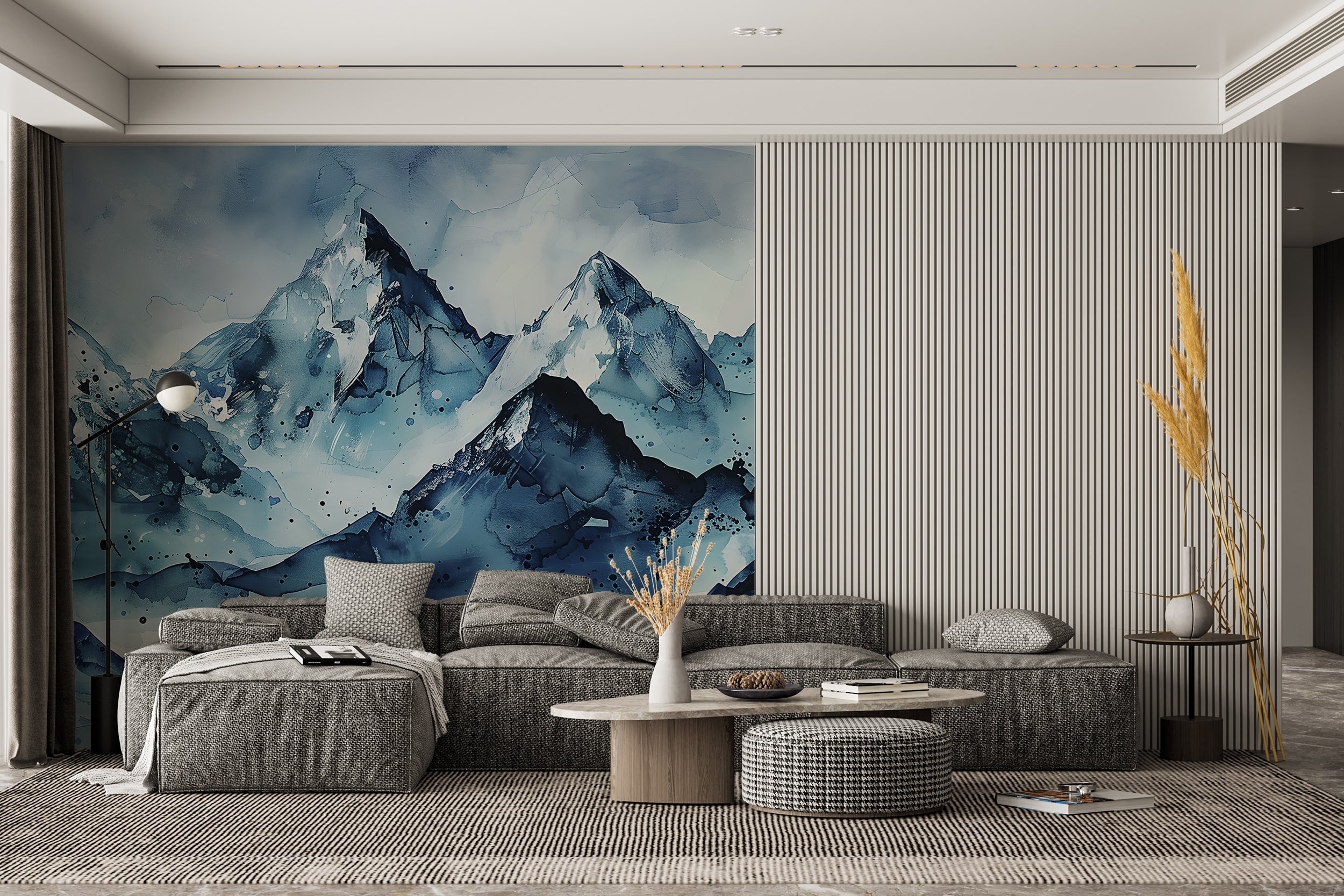 Snowy Mountains Mural, Abstract Blue Mountains Wall Art, Peel and Stick Cold Blue Wallpaper, Watercolor Removable Iced Landscape Decal