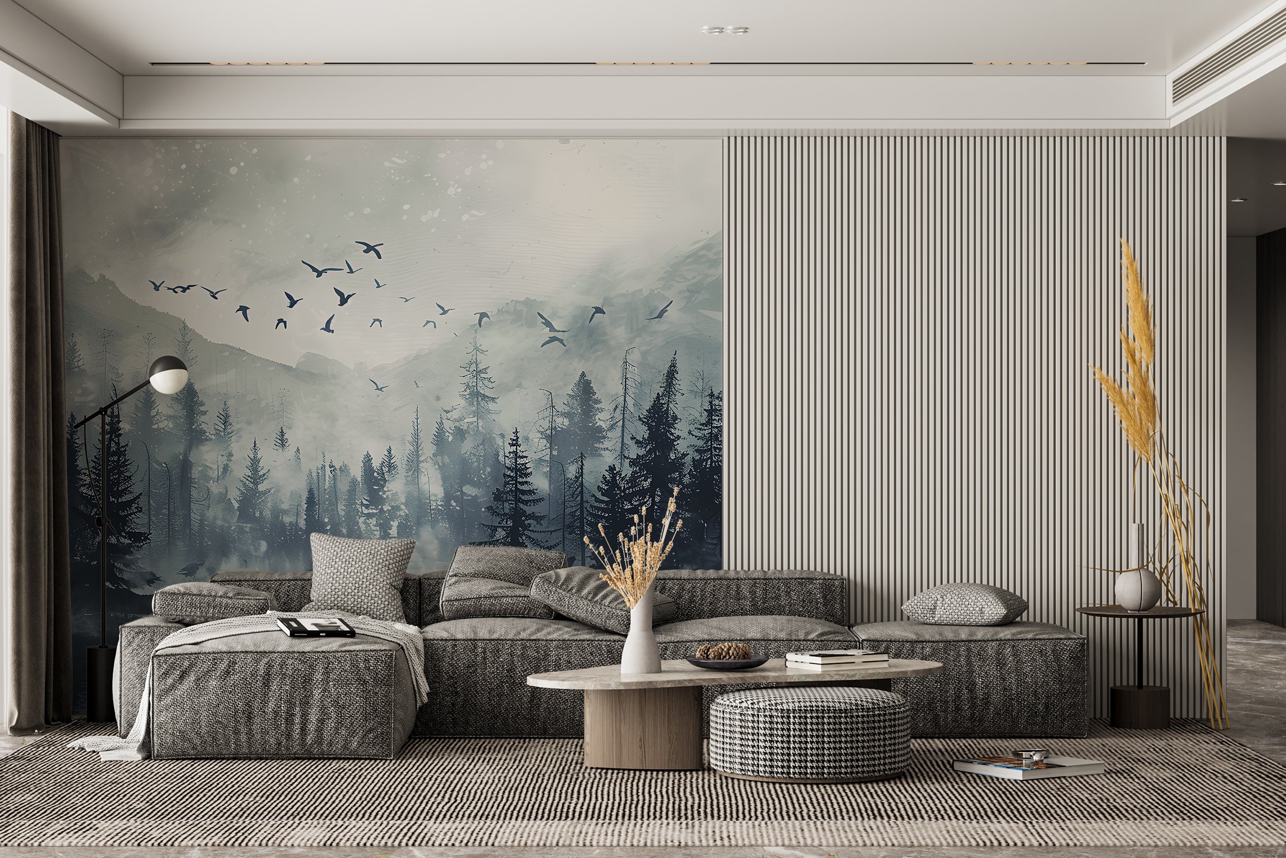 Dark Forest Wall Mural, Peel and Stick Black and Grey Pine Trees Mountain and Birds, Watercolor Foggy Nature Decor, Misty Forest Wallpaper