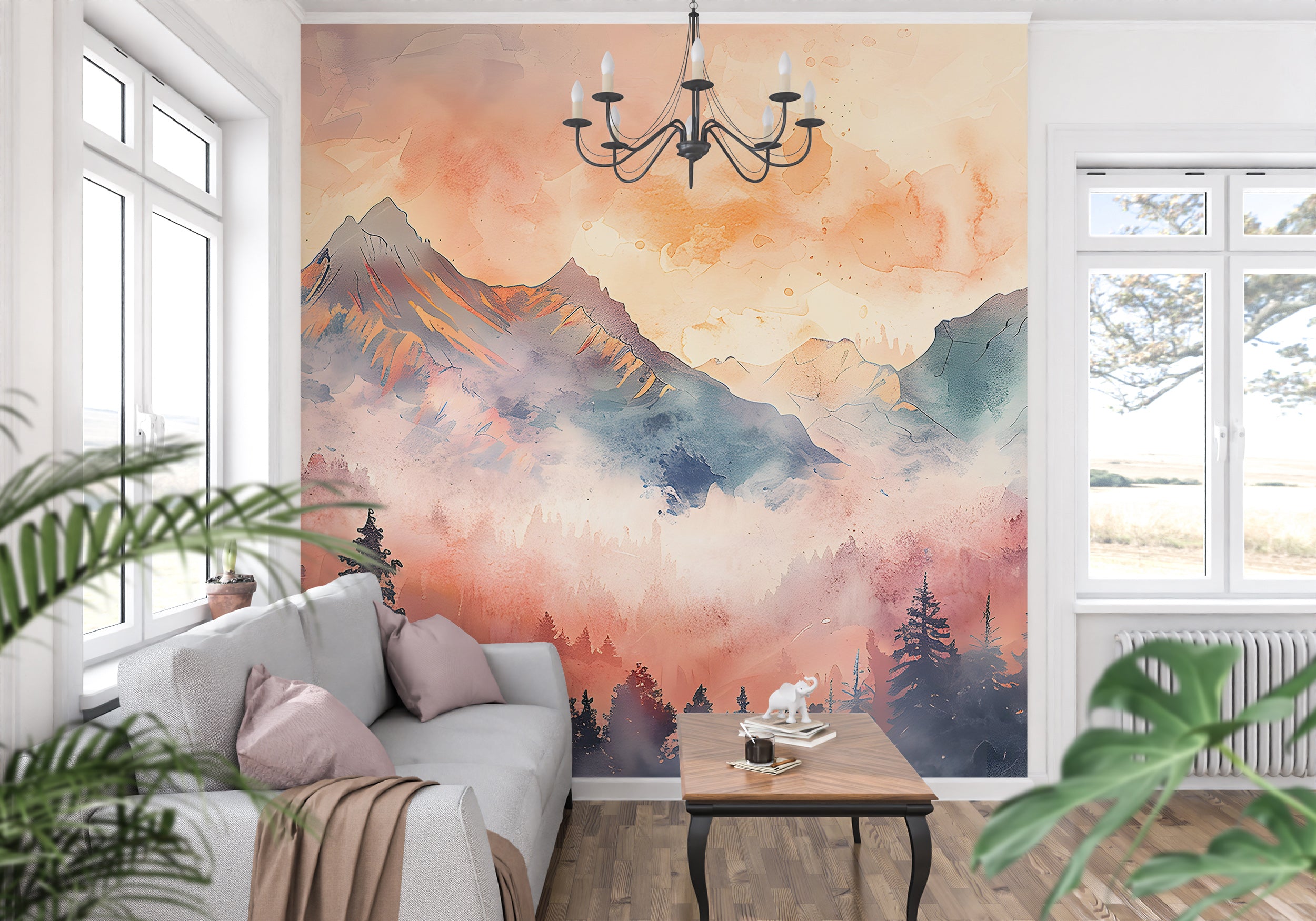 Foggy Colorful Mountains Mural, Watercolor Forest and Mountains Landscape in Pastel Colors, Peel and Stick Orange Misty Mountain Wallpaper