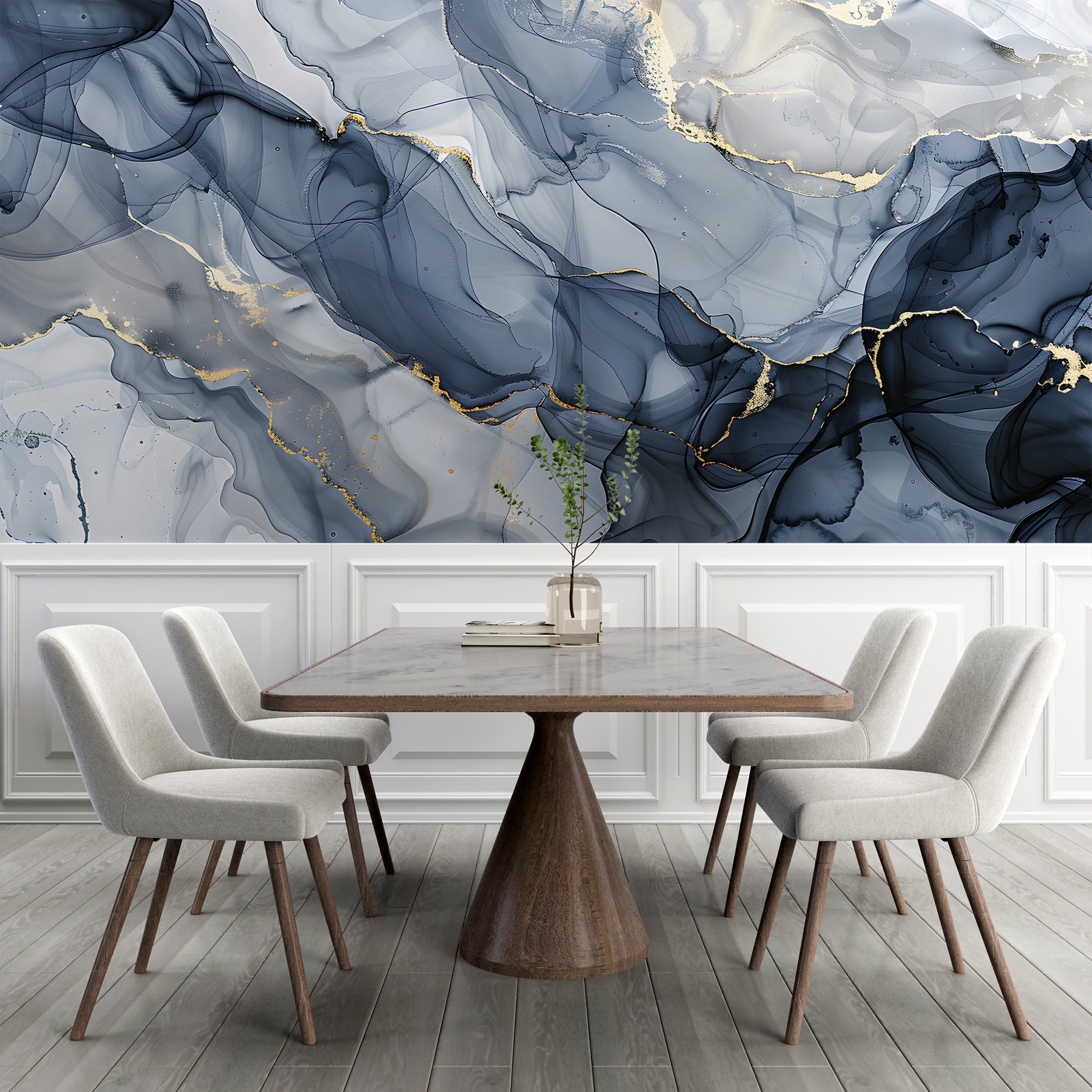 Blue and Gold Alcohol Ink Mural, Marble Wallpaper, Peel and Sick Abstract Watetrcolor, Removable Wallpaper, Modern Luxury Wall Mural