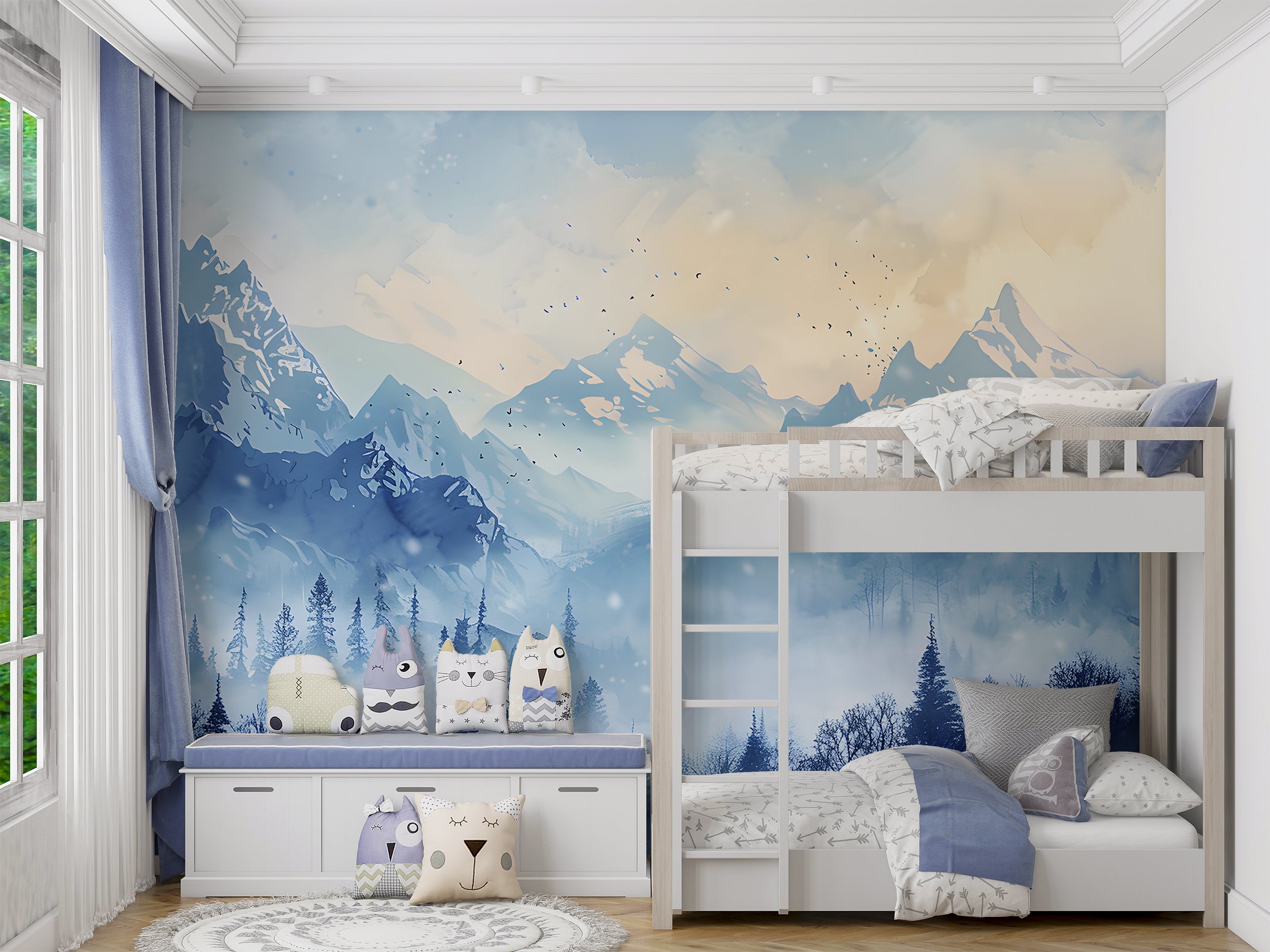 Winter Mountains Mural, Watercolor Blue Mountain and Forest Landscape, Peel and Stick Foggy Nature Wallpaper, Nursery Removable Misty Decal
