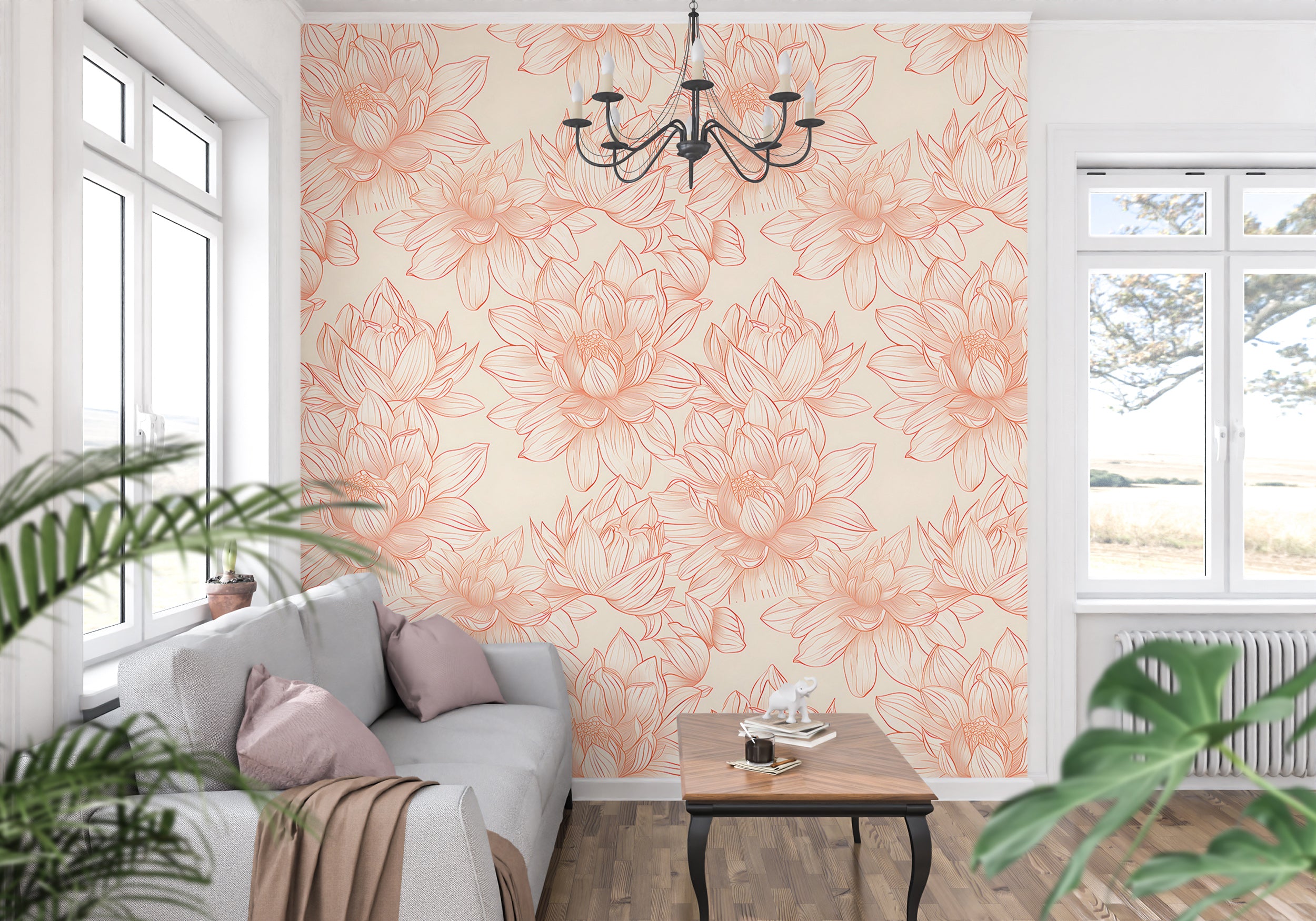 Lotus Flowers Wallpaper, Peel and Stick Pastel Colors Floral Wallpaper, Dusty Rose and Beige Botanical Wall Decor, Removable Flower Pattern Decal