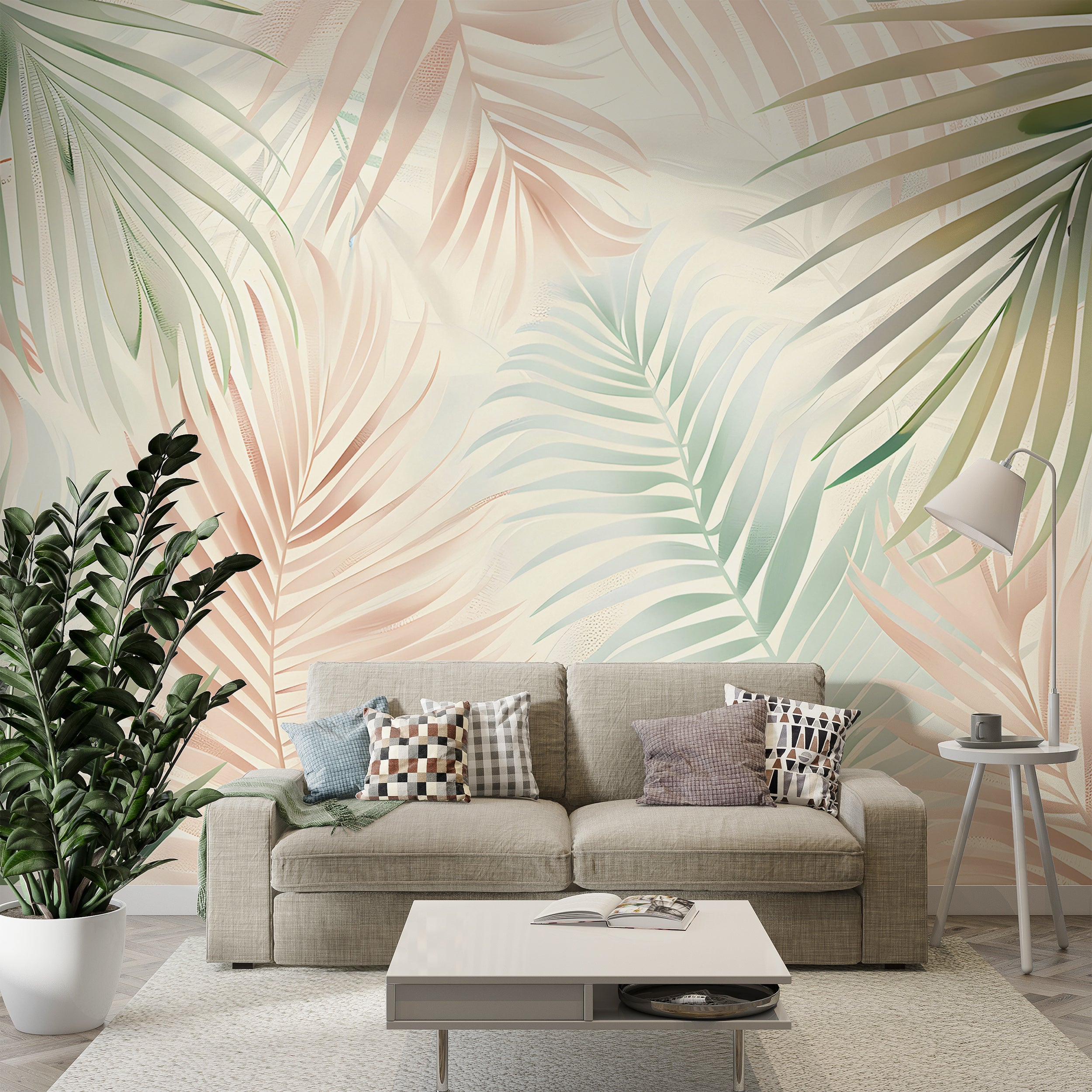 Colorful Palm Leaf Mural, Pastel Colors Tropical Wallpaper, Peel and Stick Nursery Botanical Wall Decal, Custom Size Removable Wall Decor
