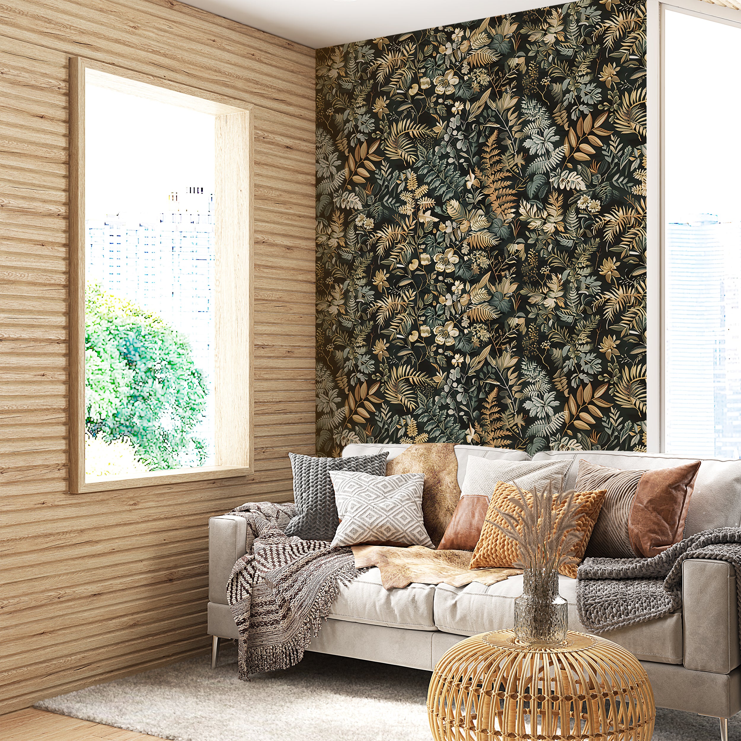 Dark Floral Wallpaper, Peel and Stick Fern Pattern Decal, Wild Flowers and Leaves Wall Decor, Removable Dark Botanical Forest Flower Wallpaper