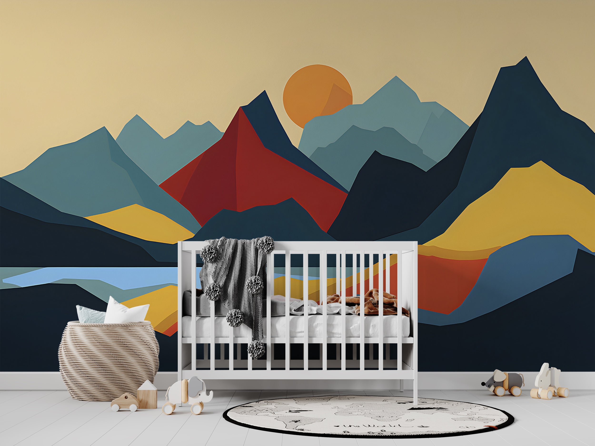 Colorful Cartoon Style Mountains Mural, Simple and Minimalistic Landscape Wallpaper, Peel and Stick Nursery Kids Room Abstract Nature Art Decal