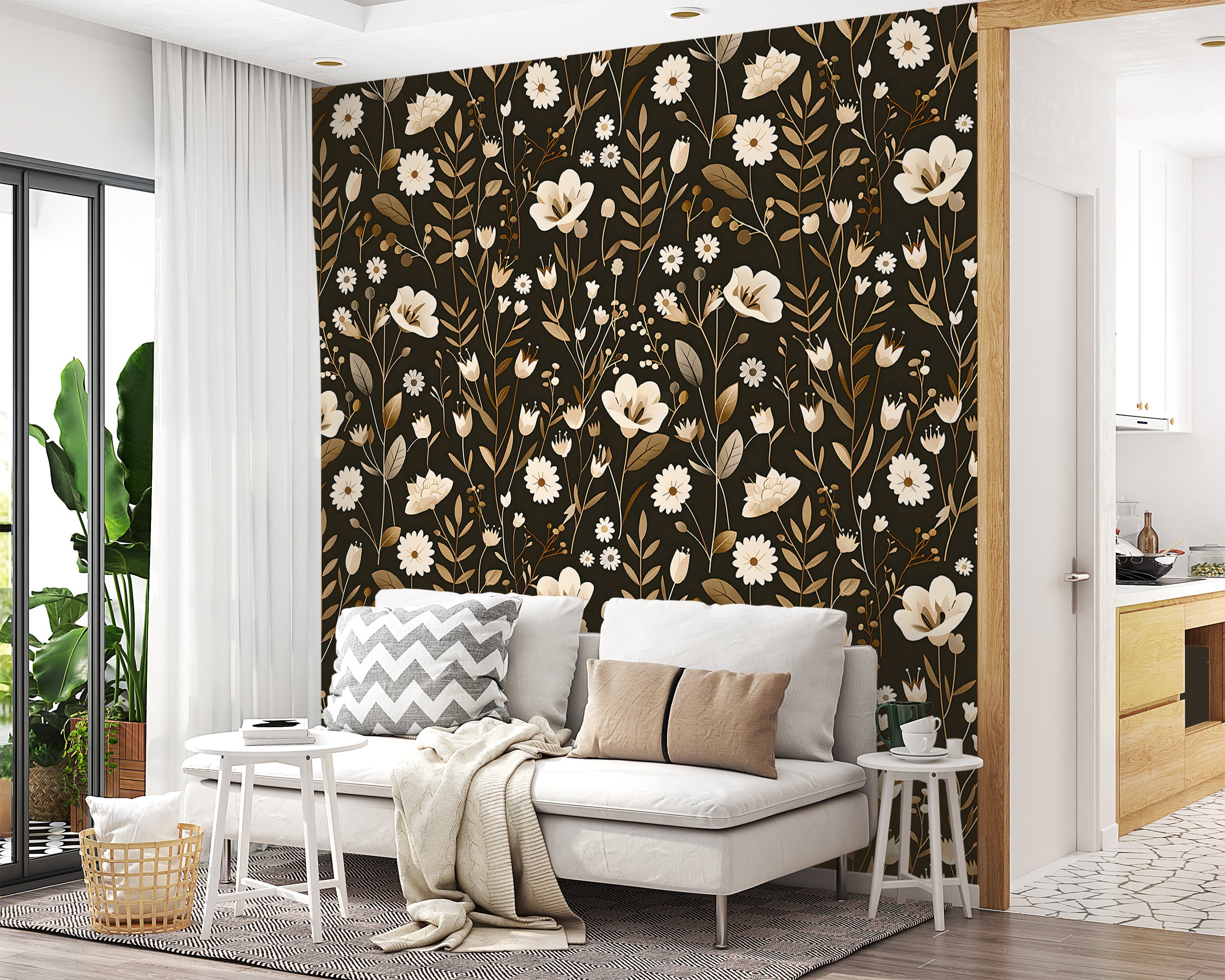 Dark Meadow Floral Wallpaper, White and Brown Botanical Decal, Wild Flowers Wallpaper, Peel and Stick Removable Vintage Flower Decal
