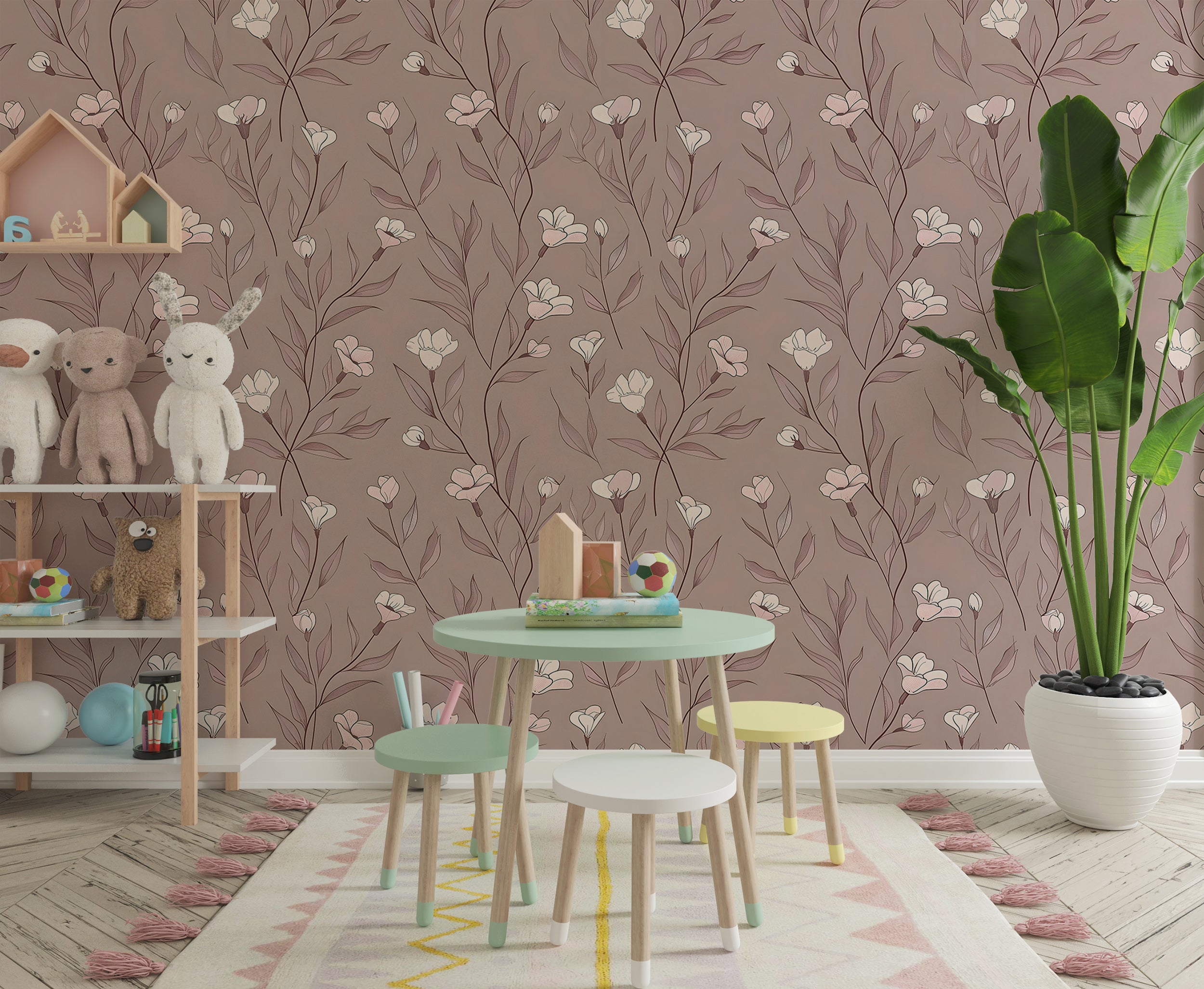 Minimalistic Dusty Rose Floral Wallpaper, Self-adhesive Meadow Flowers Wallpaper, Removable Pastel Pink and White Botanical Wall Decor